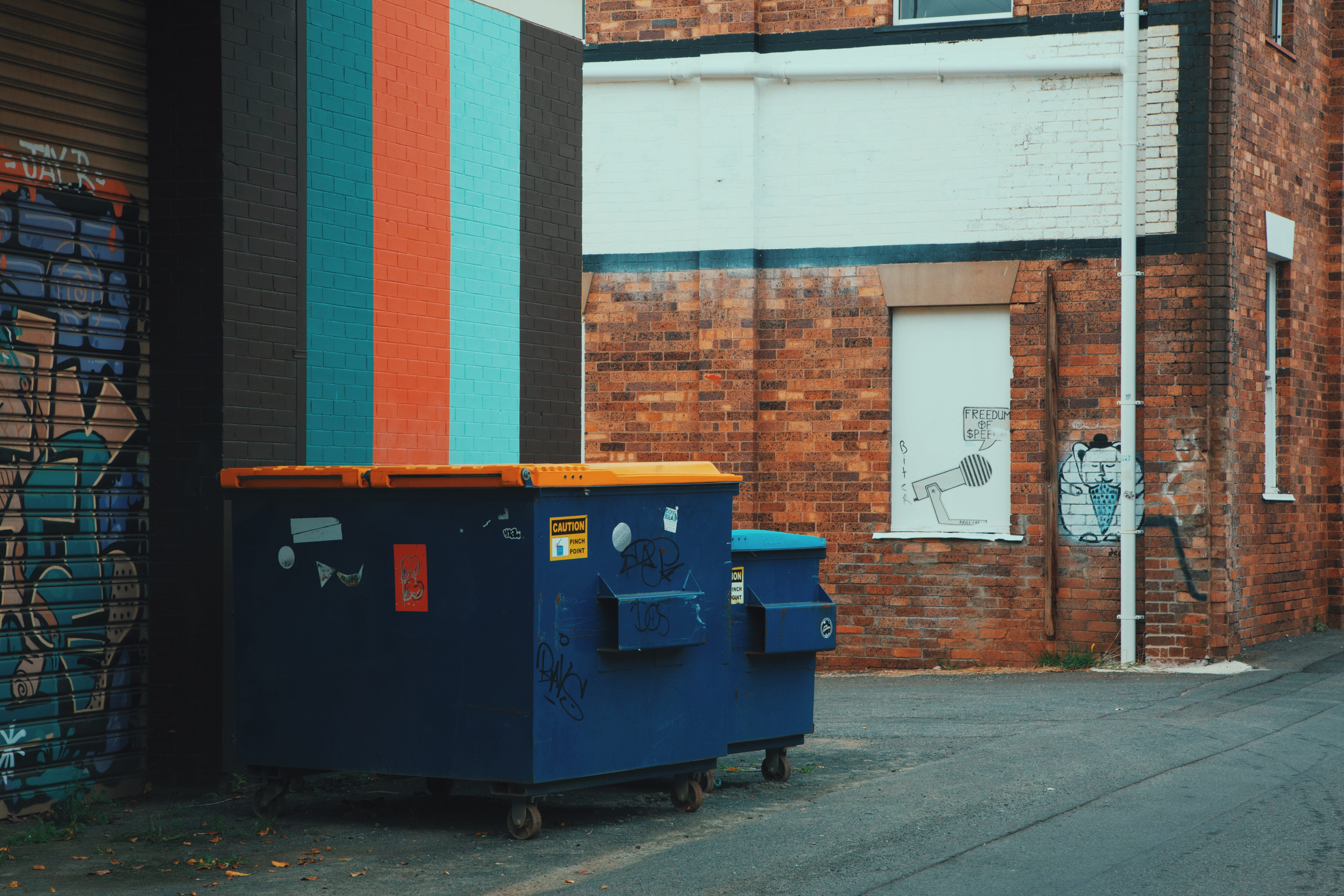 alley, bin, wall - building feature, graffiti, built structure, footpath, street, city, garbage bin, grunge, art, recycling bin, 5K, brick wall, building exterior, HD Wallpaper