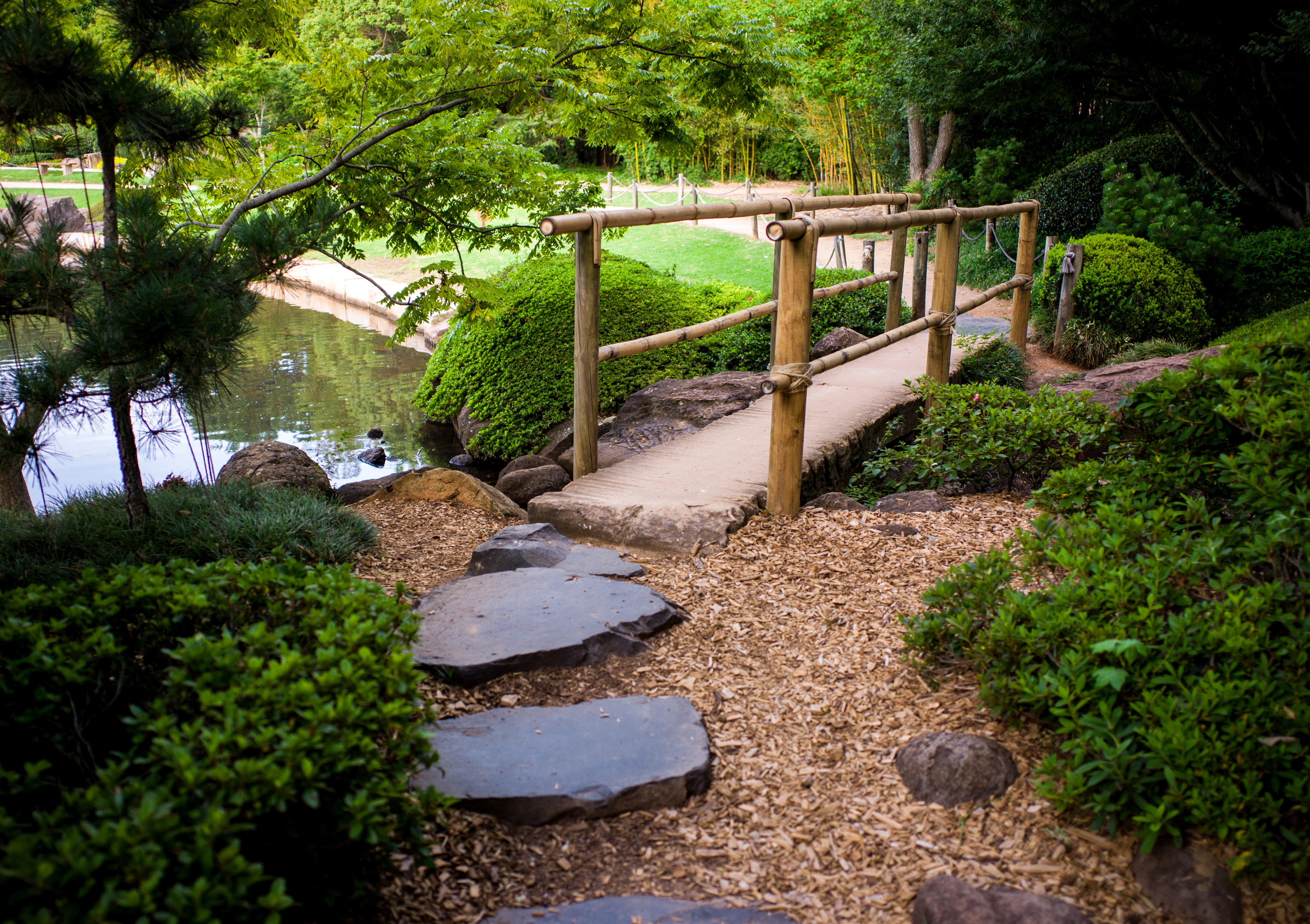 Toowoomba, bridge, stones, Australia, Japenese Garden, 4K, trees, garden, the bushes, track, pond, HD Wallpaper