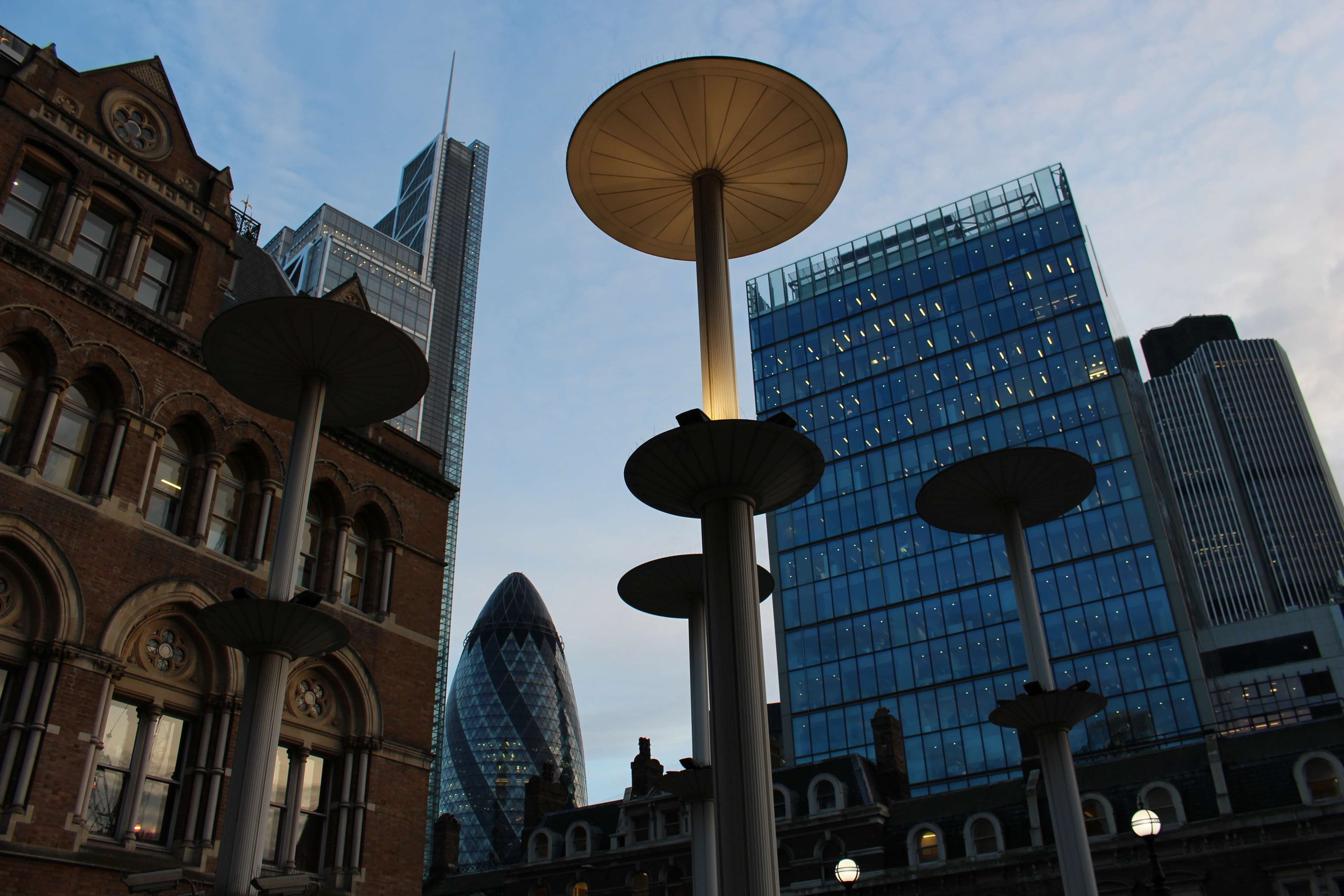 low angle view, design, liverpool street station, building exterior, gherkin, travel, city of london, 4K, modern, landmark, no people, gerkin, built structure, HD Wallpaper