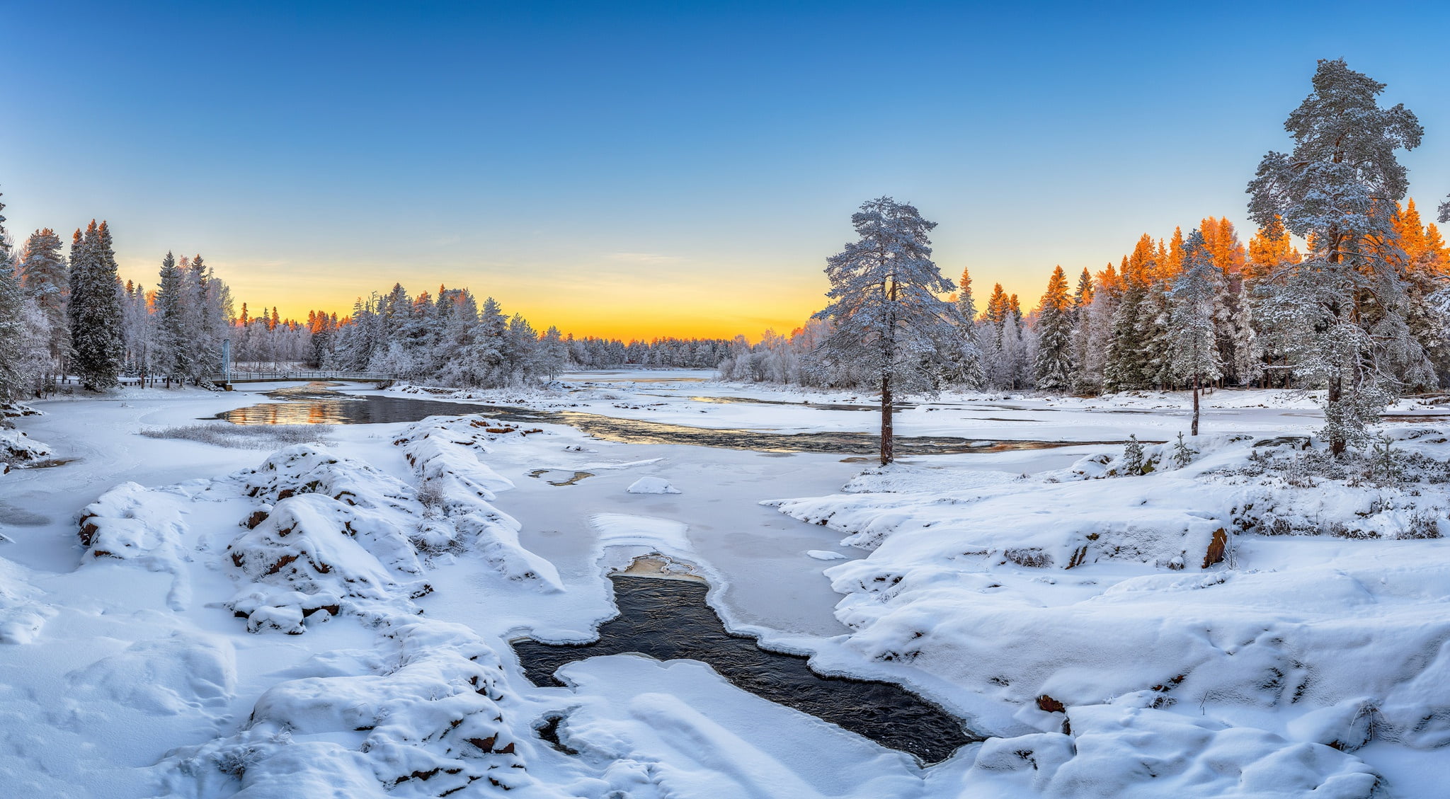 sunset, trees, winter, tranquility, frozen, white color, river, plant, covering, scenics - nature, nature, Koiteli the, tranquil scene, cold temperature, HD Wallpaper