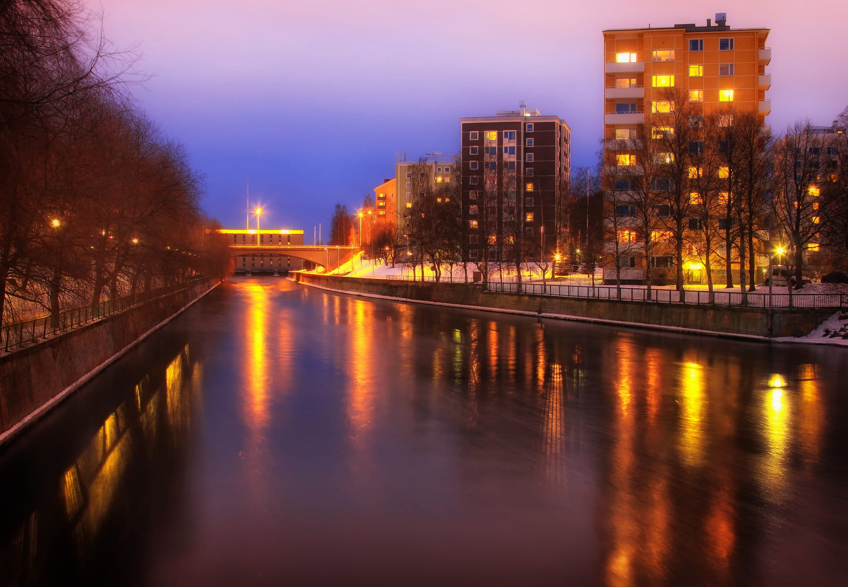 road, clouds, waterfront, lighting equipment, nightlife, water, oulu, reflection, architecture, tree, trees, power plant, sunset, built structure, nature, HD Wallpaper