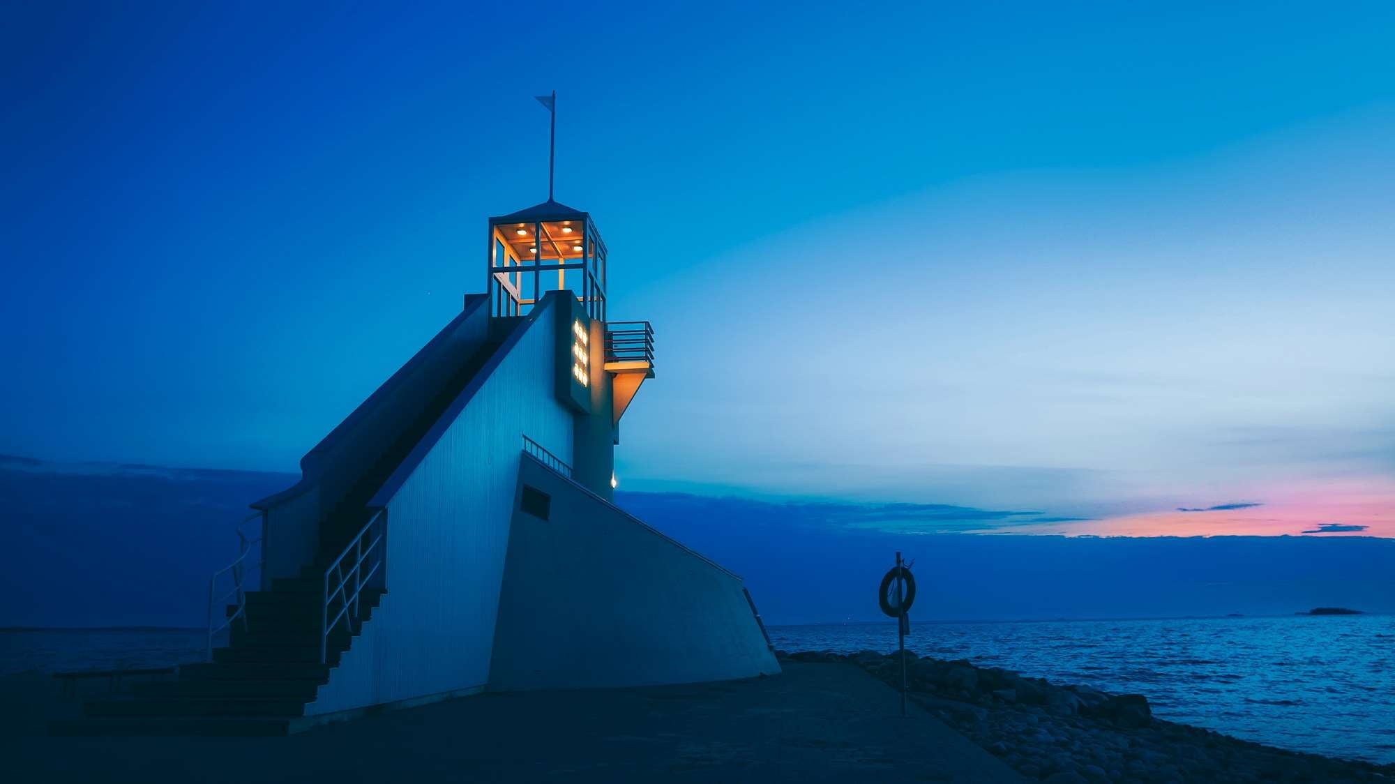 sea, water, finland, oulu, lighting equipment, clouds, building exterior, dusk, illuminated, land, scenics - nature, blue, architecture, light, building, HD Wallpaper
