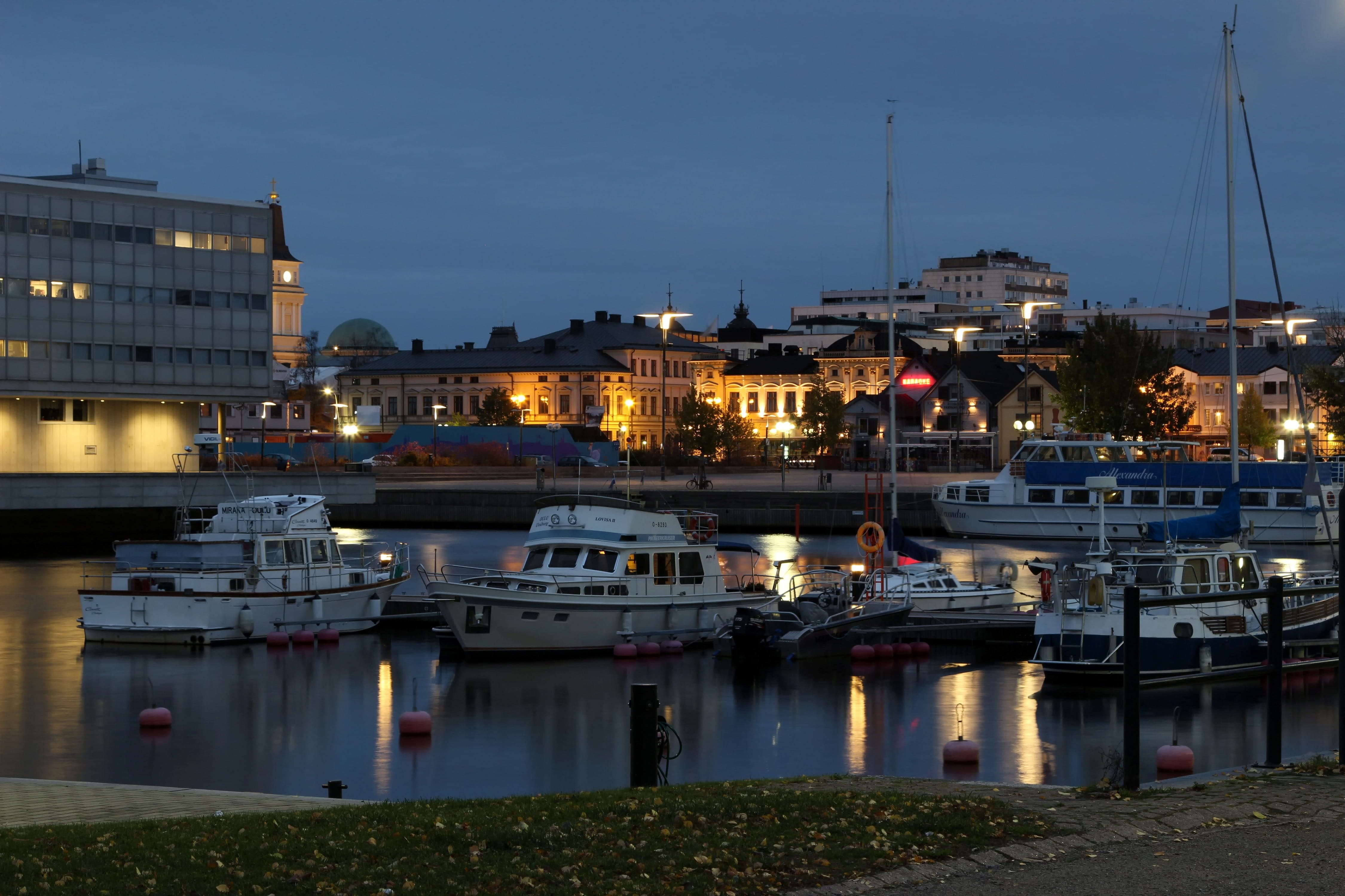 passenger craft, buildings, nature, sailboat, no people, Ships, building, illuminated, Boats, Oulu, outdoors, sky, river, reflections, Bay, built structure, HD Wallpaper