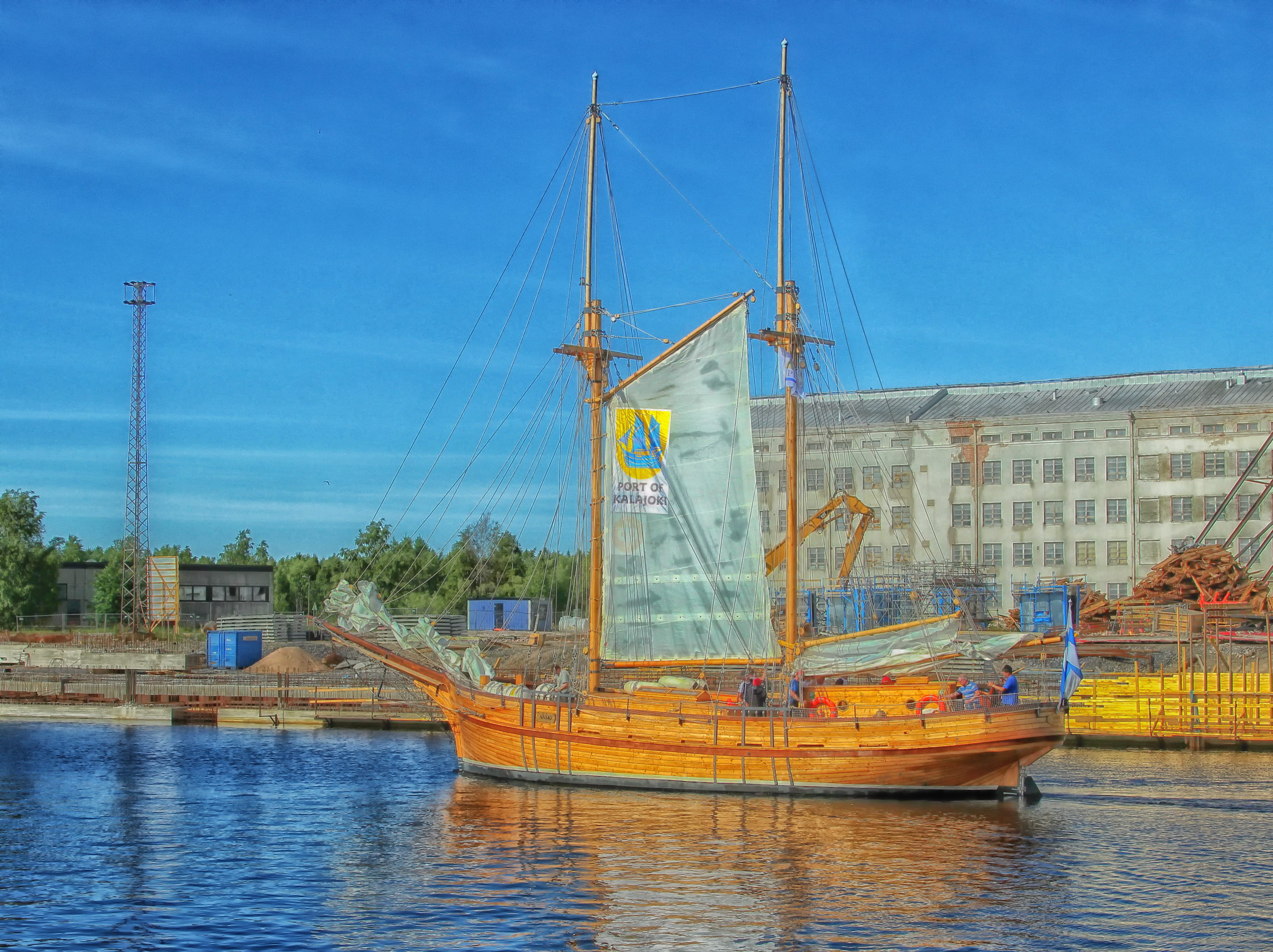 buildings, moored, no people, hdr, mode of transportation, boat, finland, water, blue, mast, nature, oulu, clouds, pole, river, 4K, outdoors, waterfront, HD Wallpaper