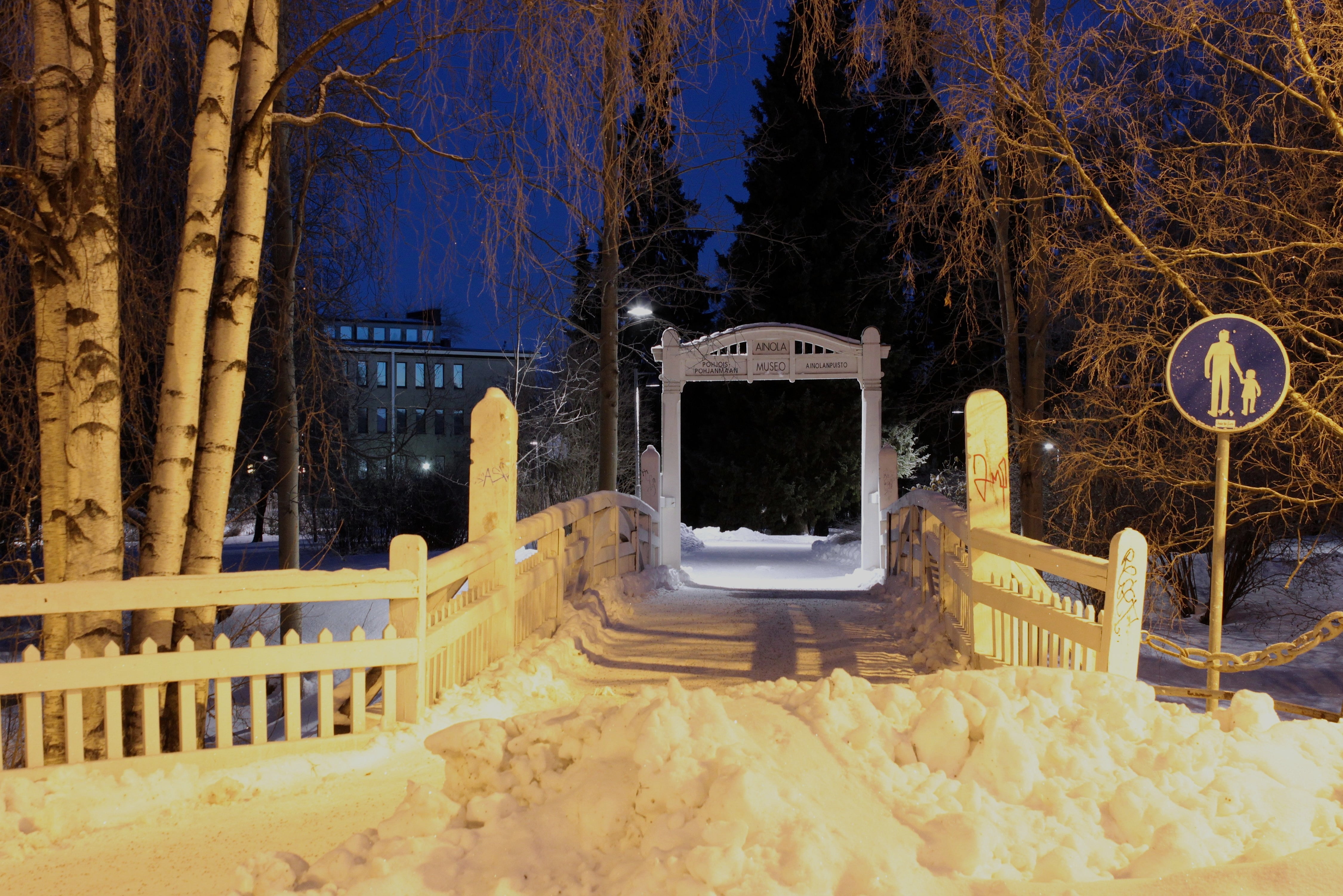oulu, field, outside, white color, built structure, trees, bridge, building, window, no people, snow, architecture, land, night, nature, fence, plant, gate, HD Wallpaper