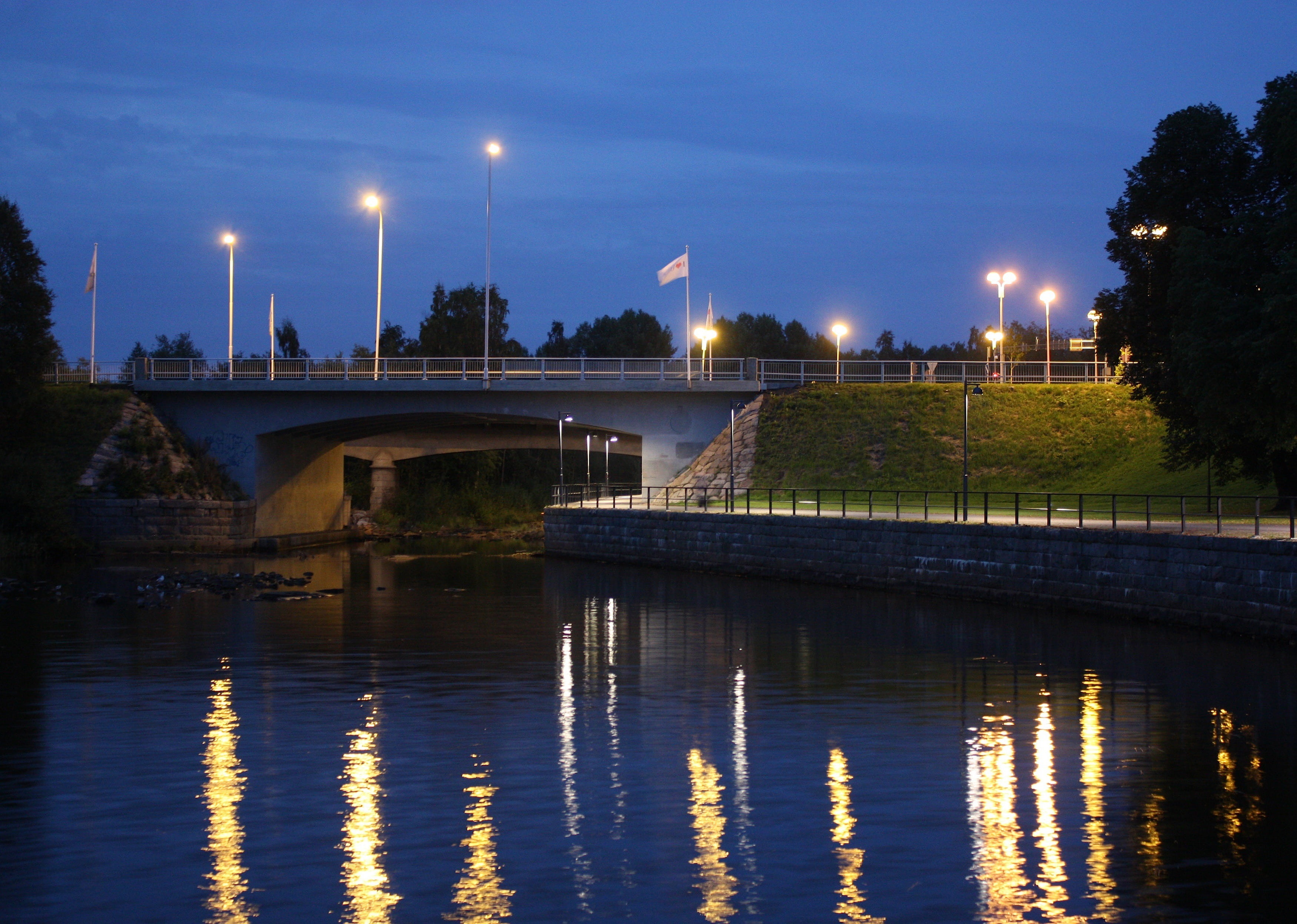 waterway, illuminated, bridge, dusk, shoreline, nature, built structure, night, finland, bridge - man made structure, river, reflection, cities, plant, HD Wallpaper