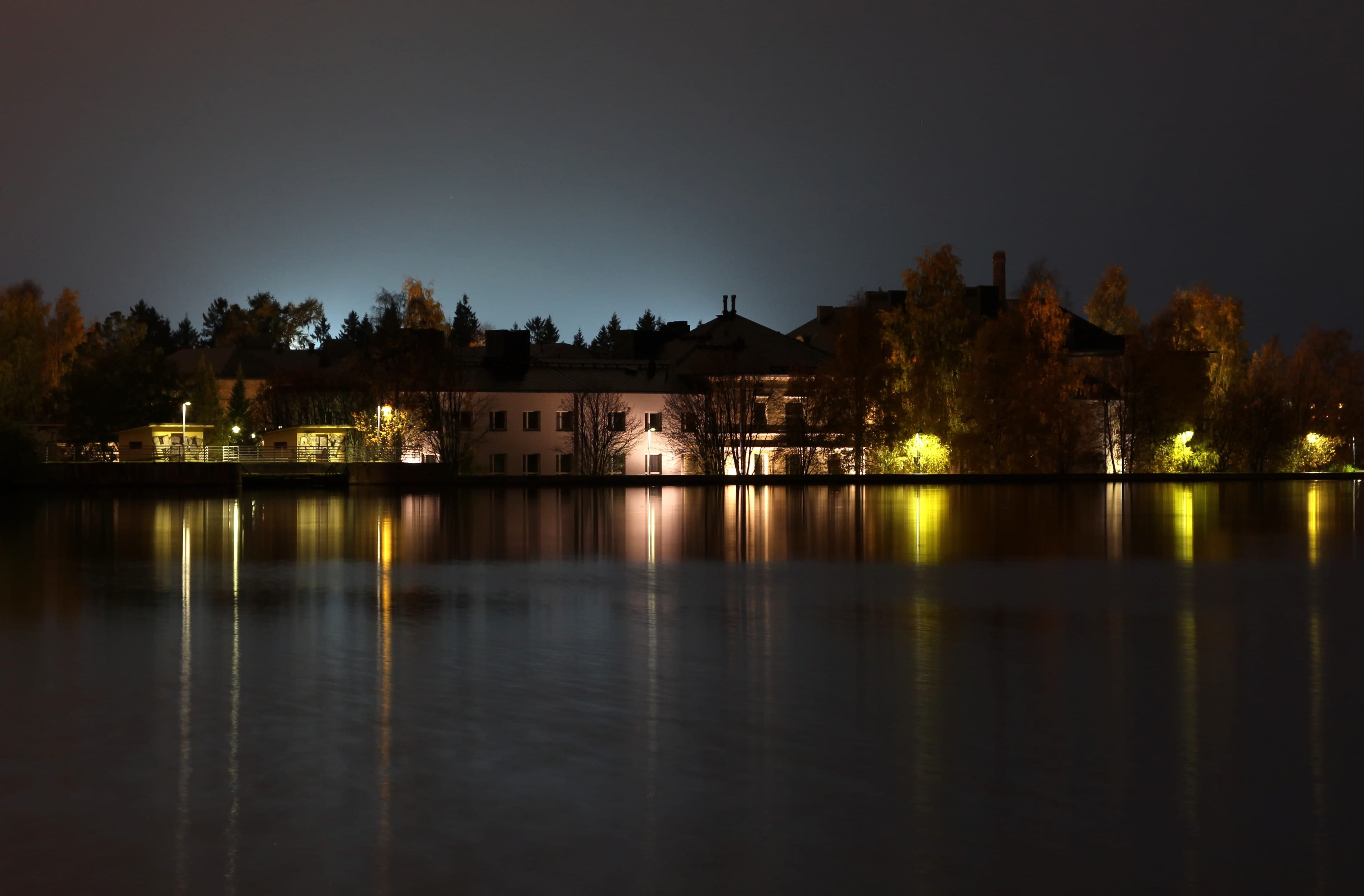 residential district, lake, reflections, silhouettes, built structure, no people, Finland, house, Water, illuminated, shore, building, 4K, lights, outdoors, HD Wallpaper