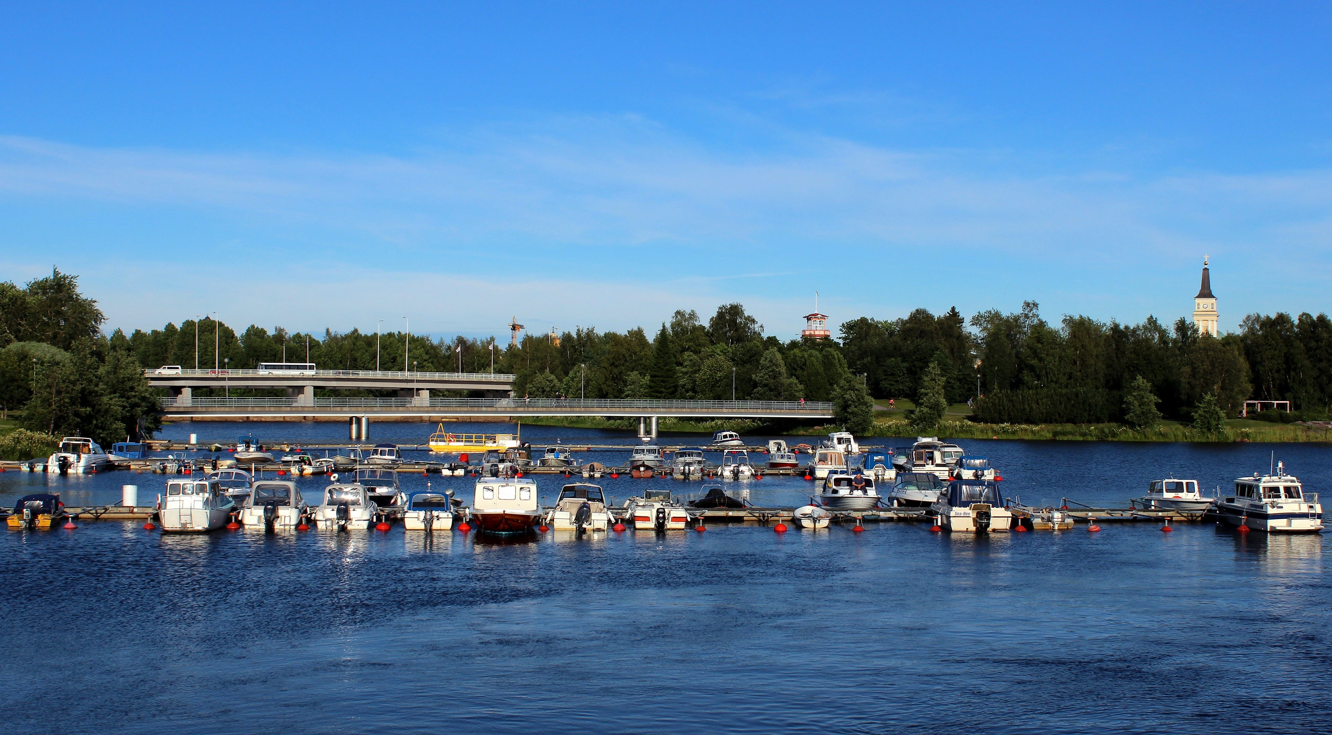 pier, recreational boat, trees, architecture, fishing industry, reflections, oulu, day, mode of transportation, transportation, water, built structure, HD Wallpaper