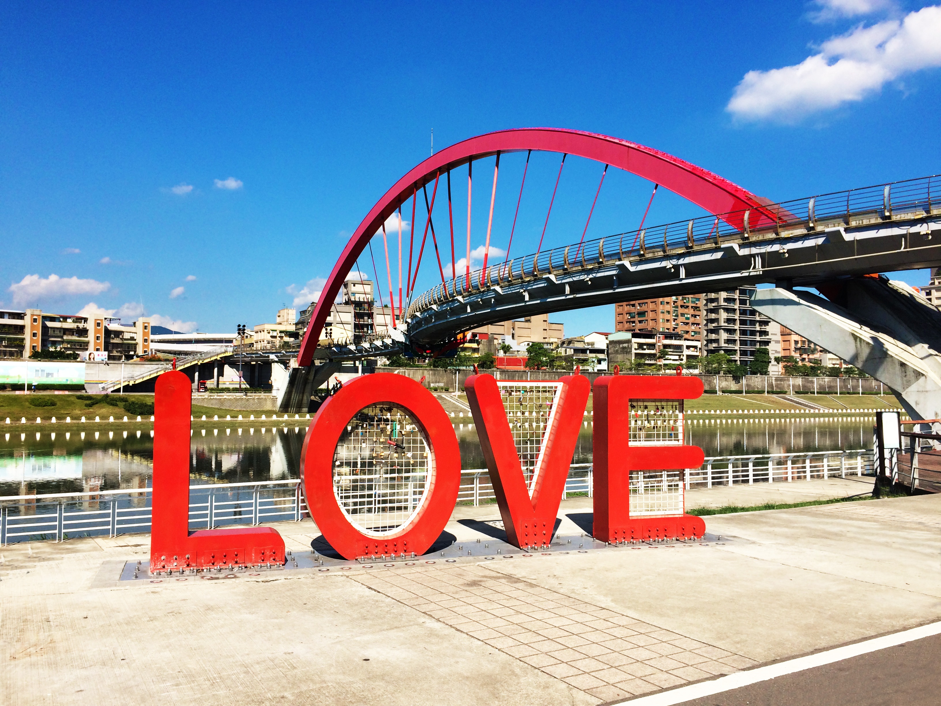 2K, red, bridge, drawbridge, near, river, letters, freestanding, cloud - sky, taiwan, outdoors, building exterior, metal, built structure, love, daytime, HD Wallpaper