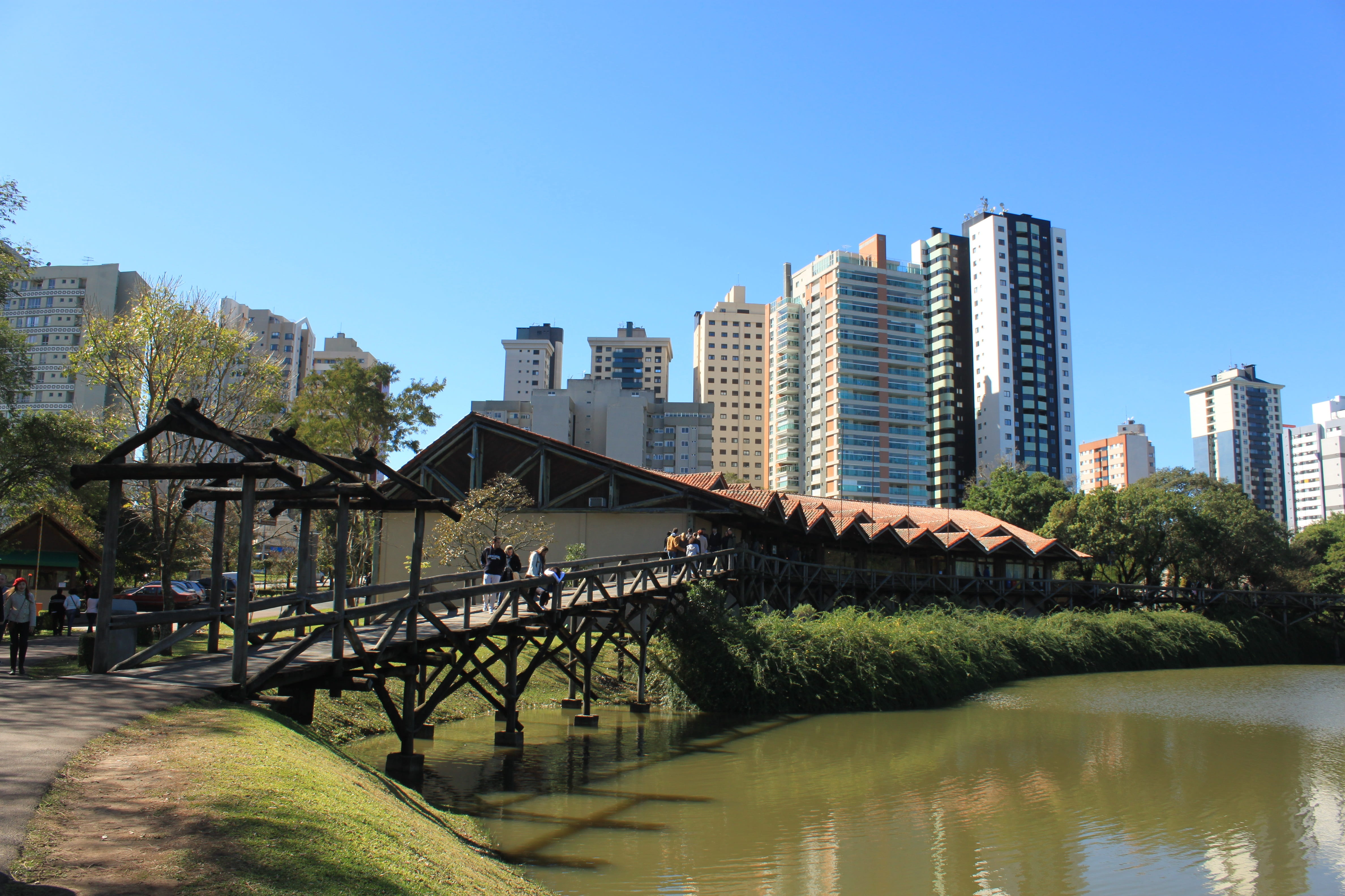 no people, plant, reflection, day, office building exterior, curitiba, brazil, nature, botanical garden, clear sky, city, water, built structure, waterfront, HD Wallpaper