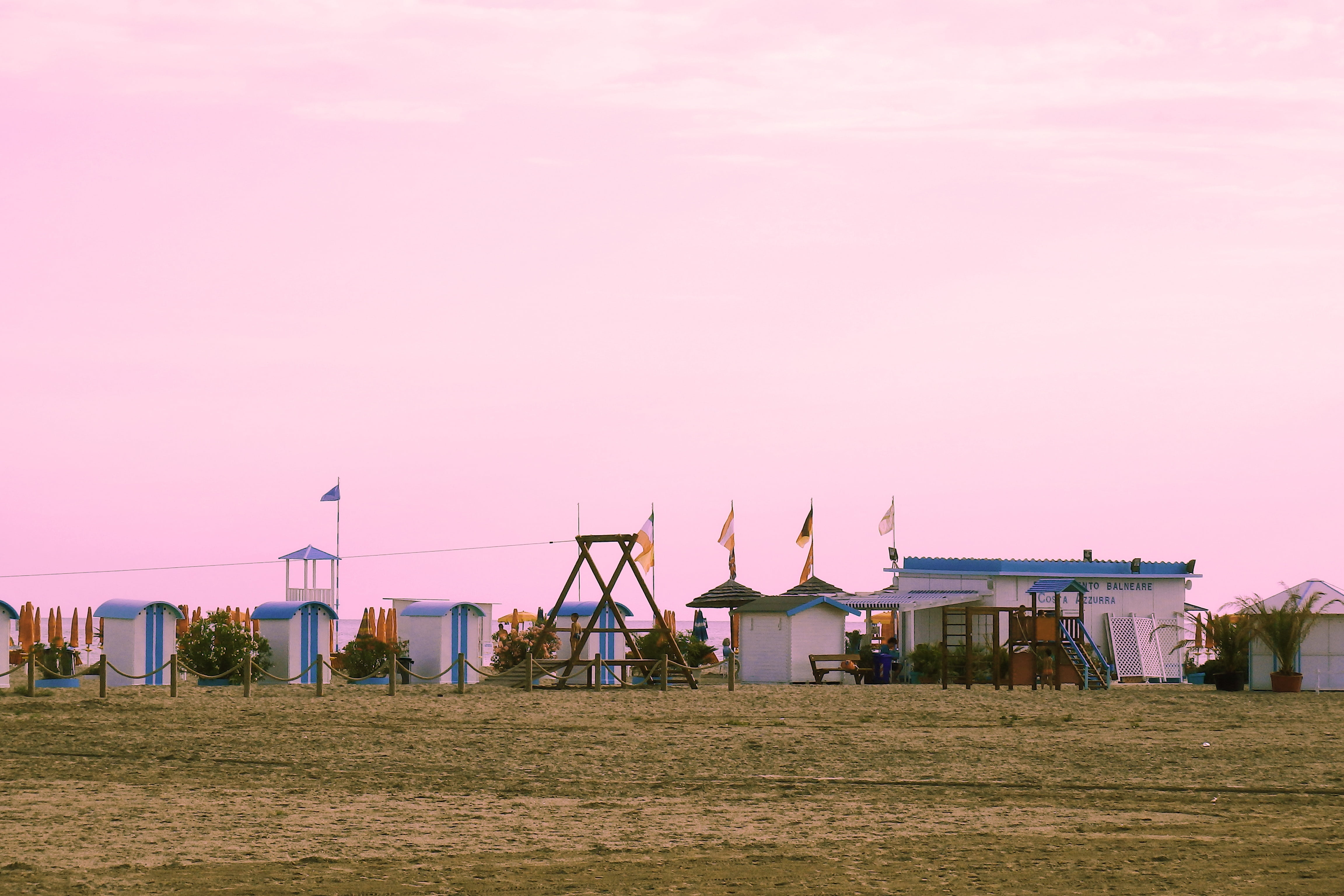 environmental conservation, holiday, wind turbine, friuli, grado, landscape, built structure, fuel and power generation, beach, sunset, huts, italy, mediterranean, HD Wallpaper