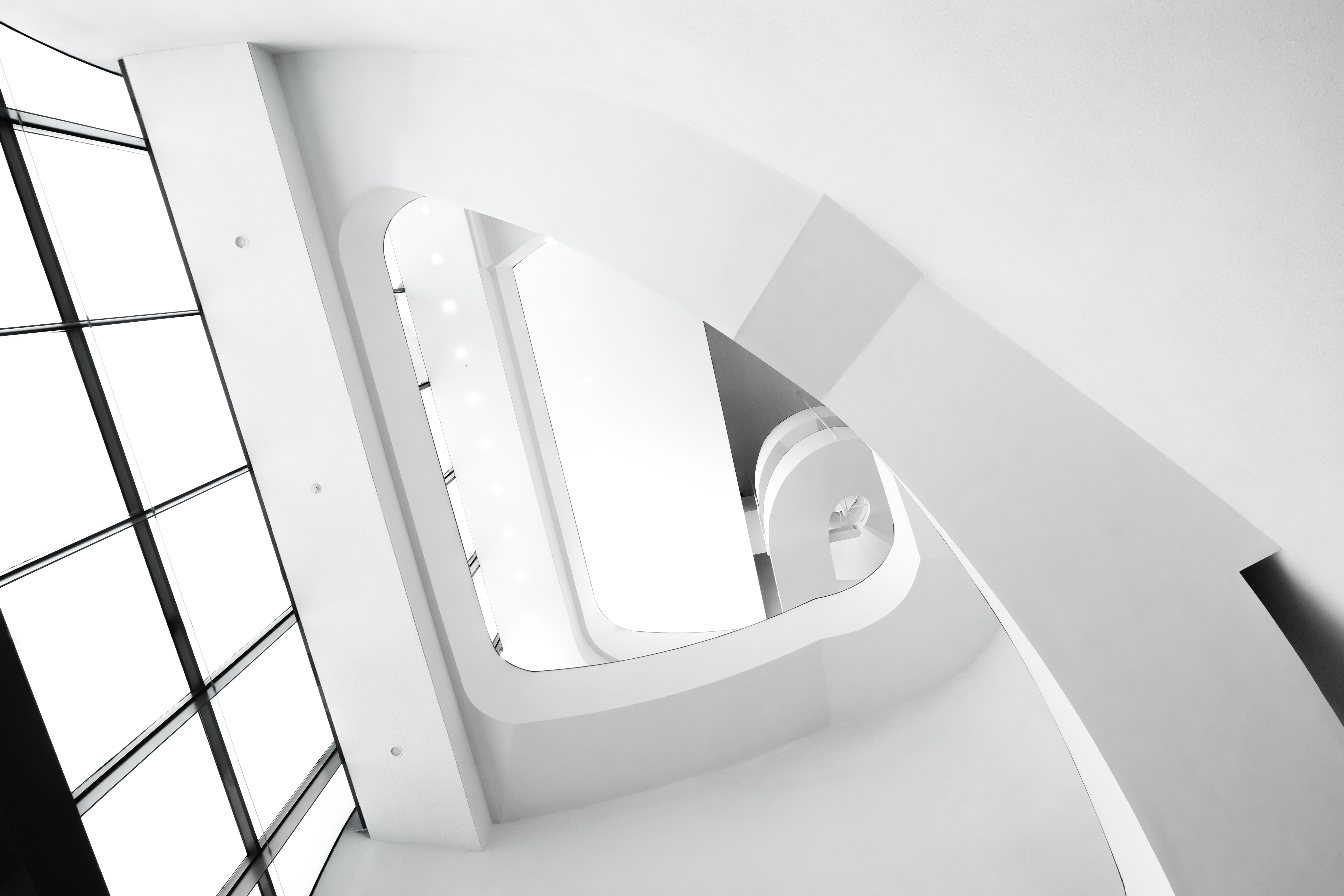 white, ceiling, design, clean, railing, lighting, modern, no people, curve, taiwan, built structure, spiral staircase, staircase, white color, gap, architecture, HD Wallpaper