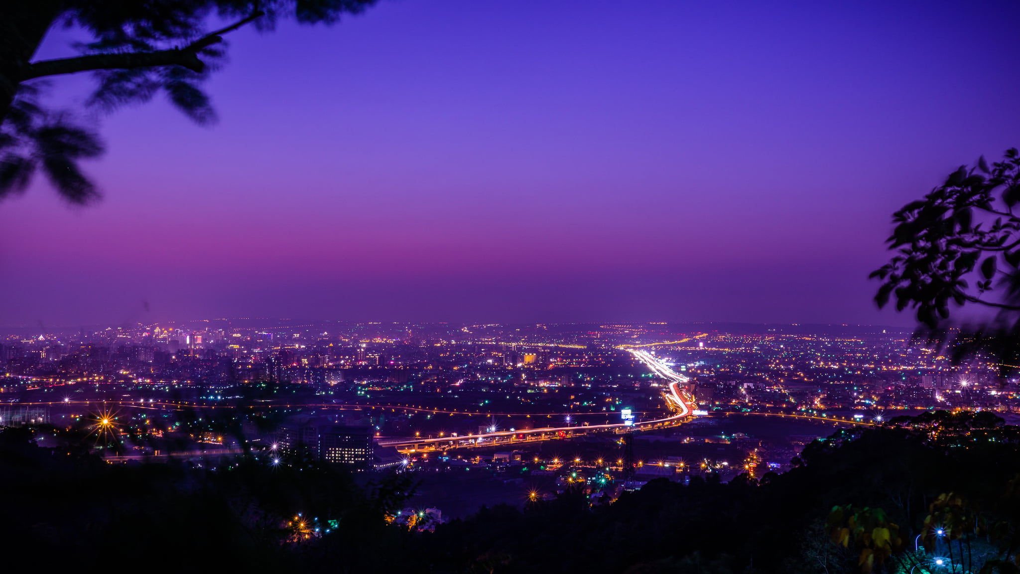 panorama, city, Taiwan, 1080P, cityscape, Taichung, lights, sky, night, HD Wallpaper