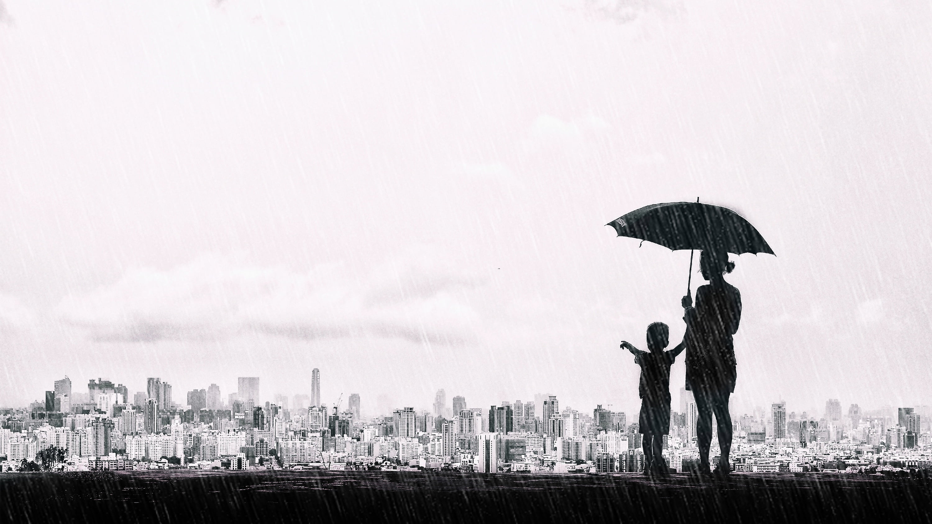 Taichung, umbrella, black and white, monochrome, panorama, boy, 2K, mood, child, rain, the city, mother, Taiwan, HD Wallpaper