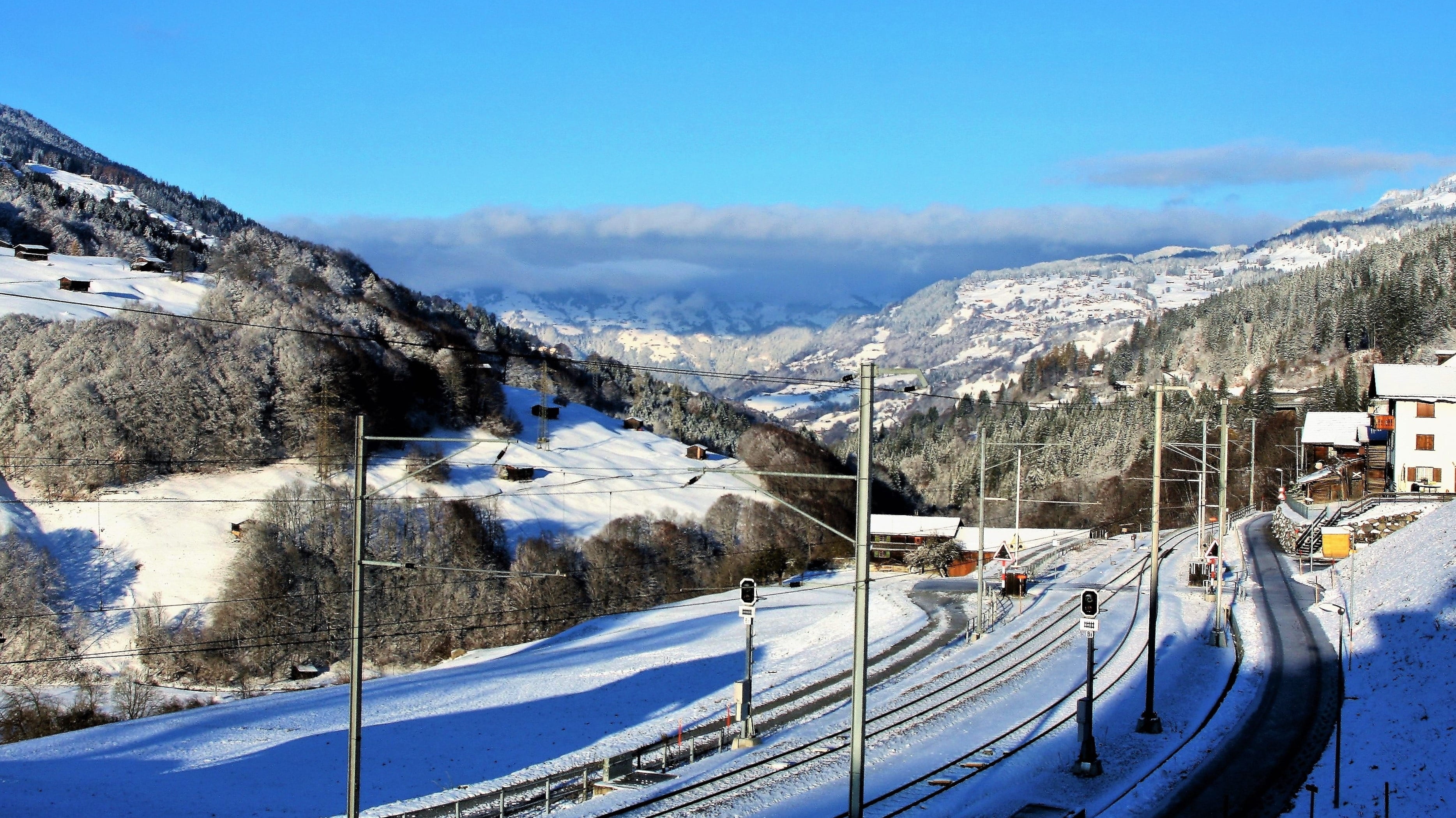 drive, road, sunny day, scenics - nature, blue sky, tracks, communication, beauty in nature, mountain range, the height of the, landscape, railroad tracks, HD Wallpaper