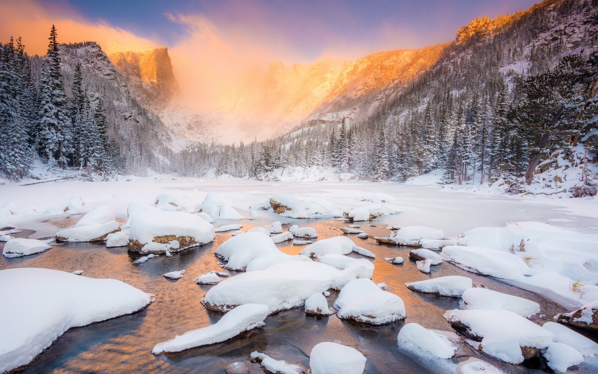 covered, landscape, mountain peak, tranquility, cold temperature, non-urban scene, coniferous tree, snow, winter, sunset, scenics - nature, no people, water, HD Wallpaper