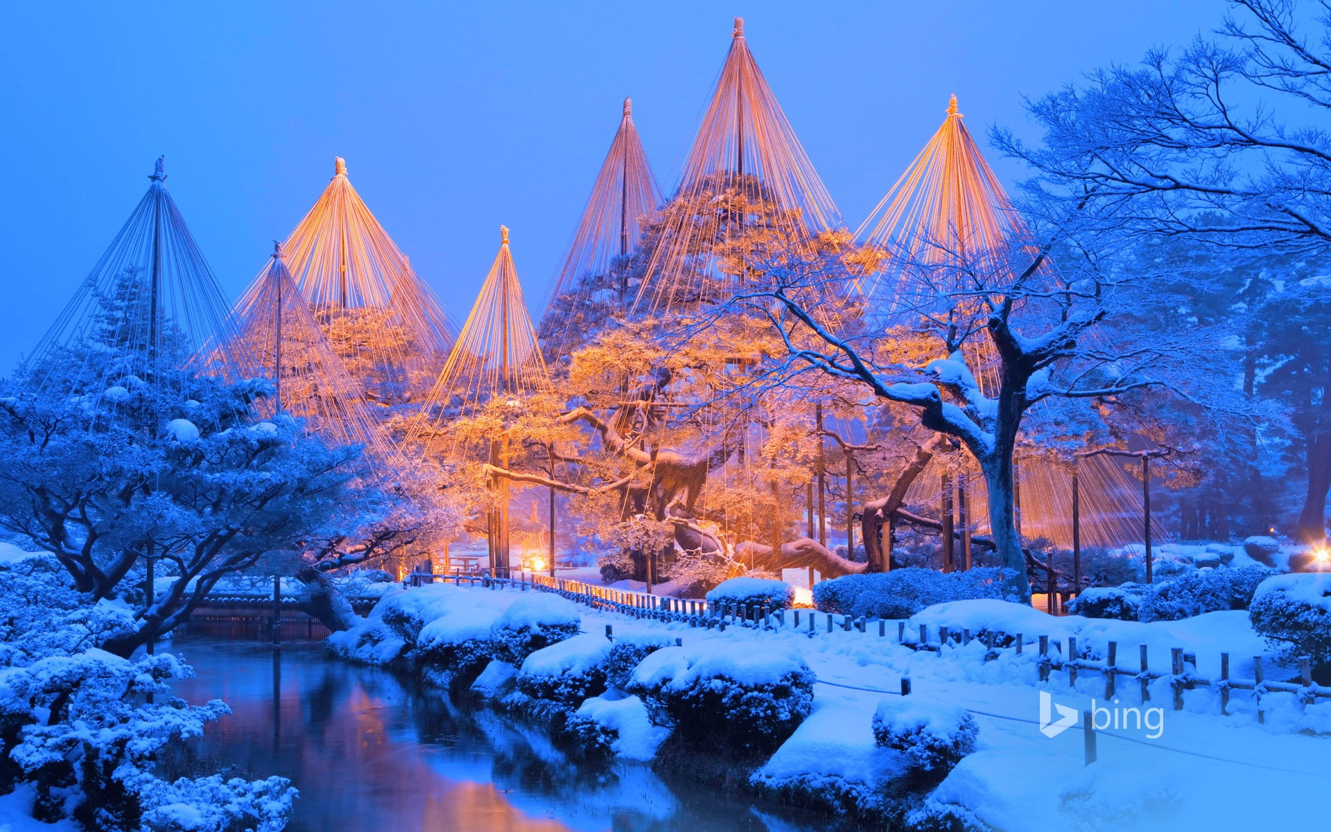 illuminated, sky, bing, nature, covering, building exterior, snow, clear sky, kenrokuen, bare tree, body, calm, beauty in nature, city, tree, HD Wallpaper
