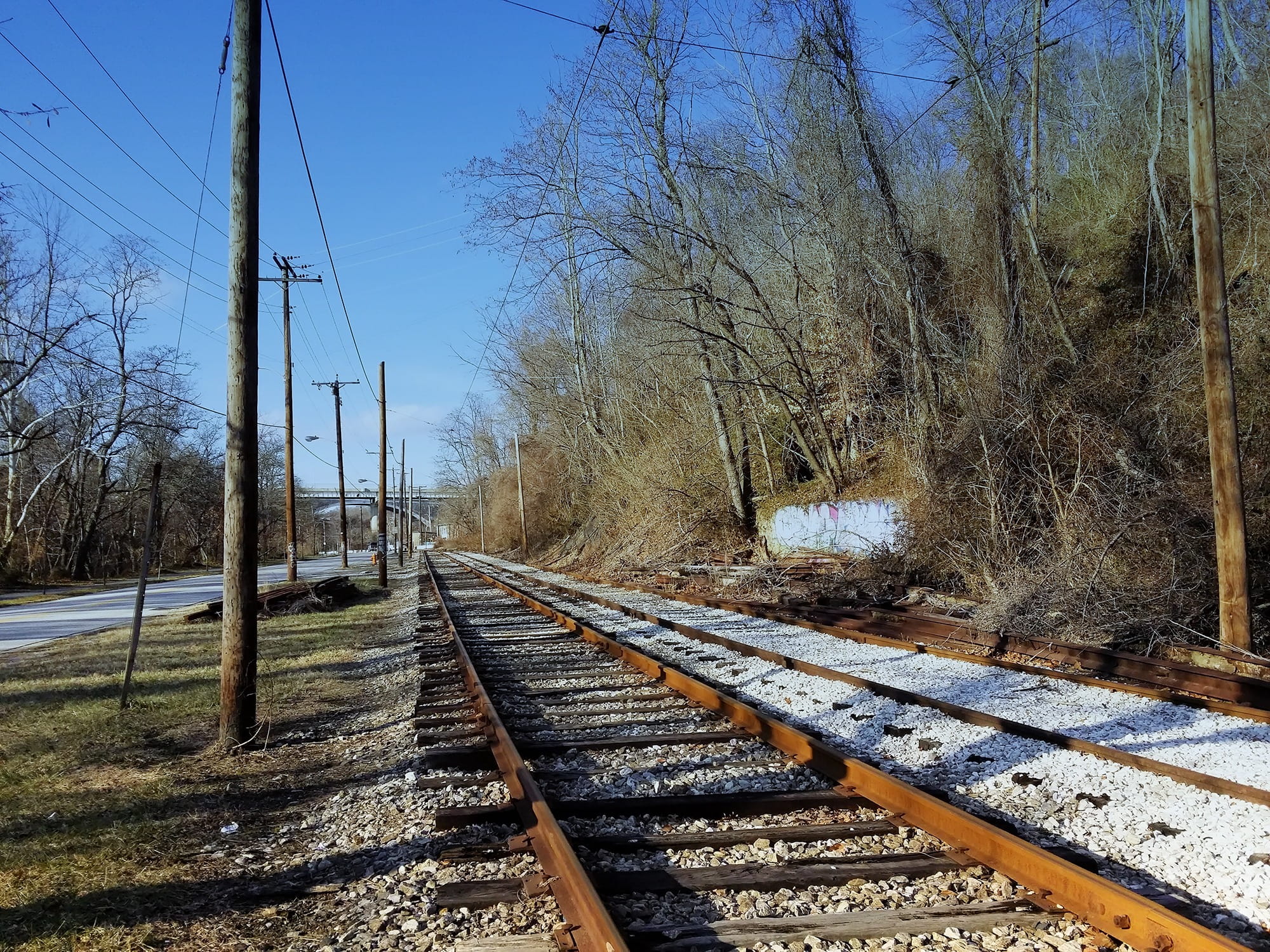 track, direction, electricity, nature, clear sky, rail transportation, no people, Railroad, 1080P, power supply, Baltimore, sky, bare tree, mode of transportation, HD Wallpaper