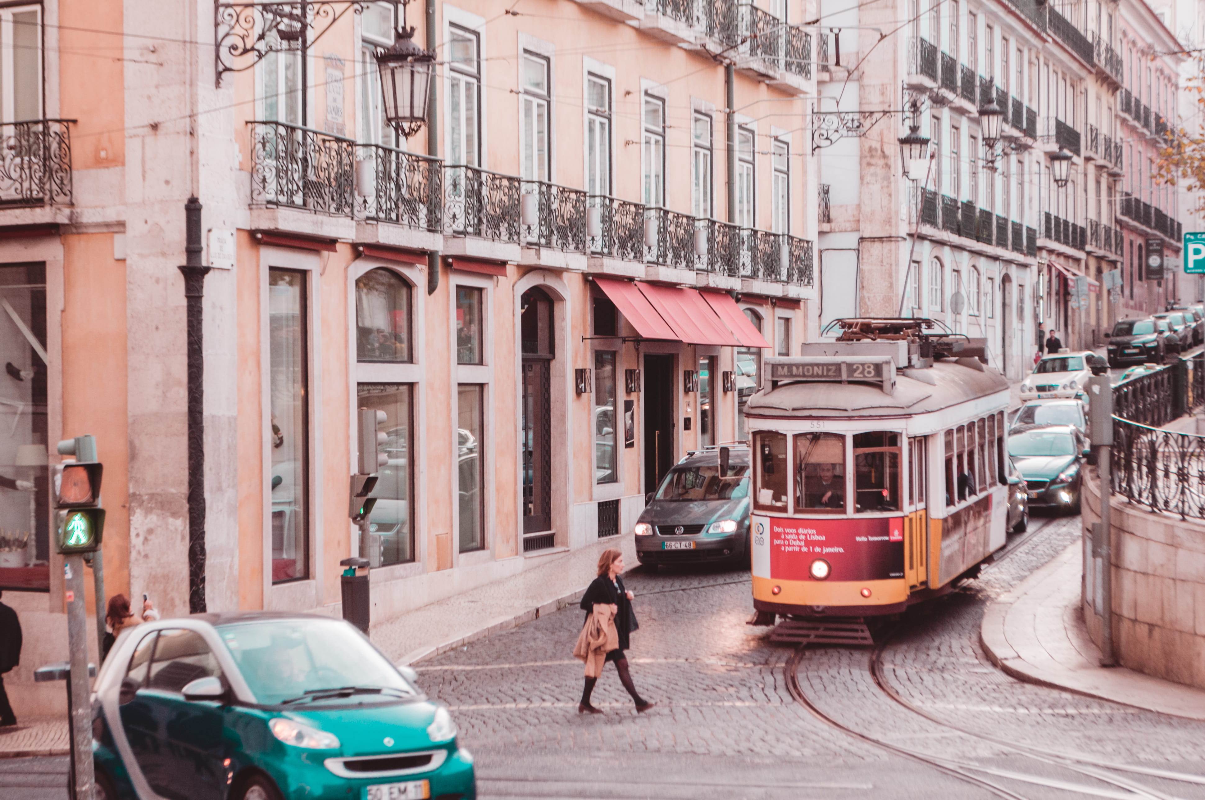 coat, building, lisbon, near, road, automobile, outdoors, people, portugal, street, 4K, vehicle, real people, land vehicle, woman, built structure, streetcar, HD Wallpaper