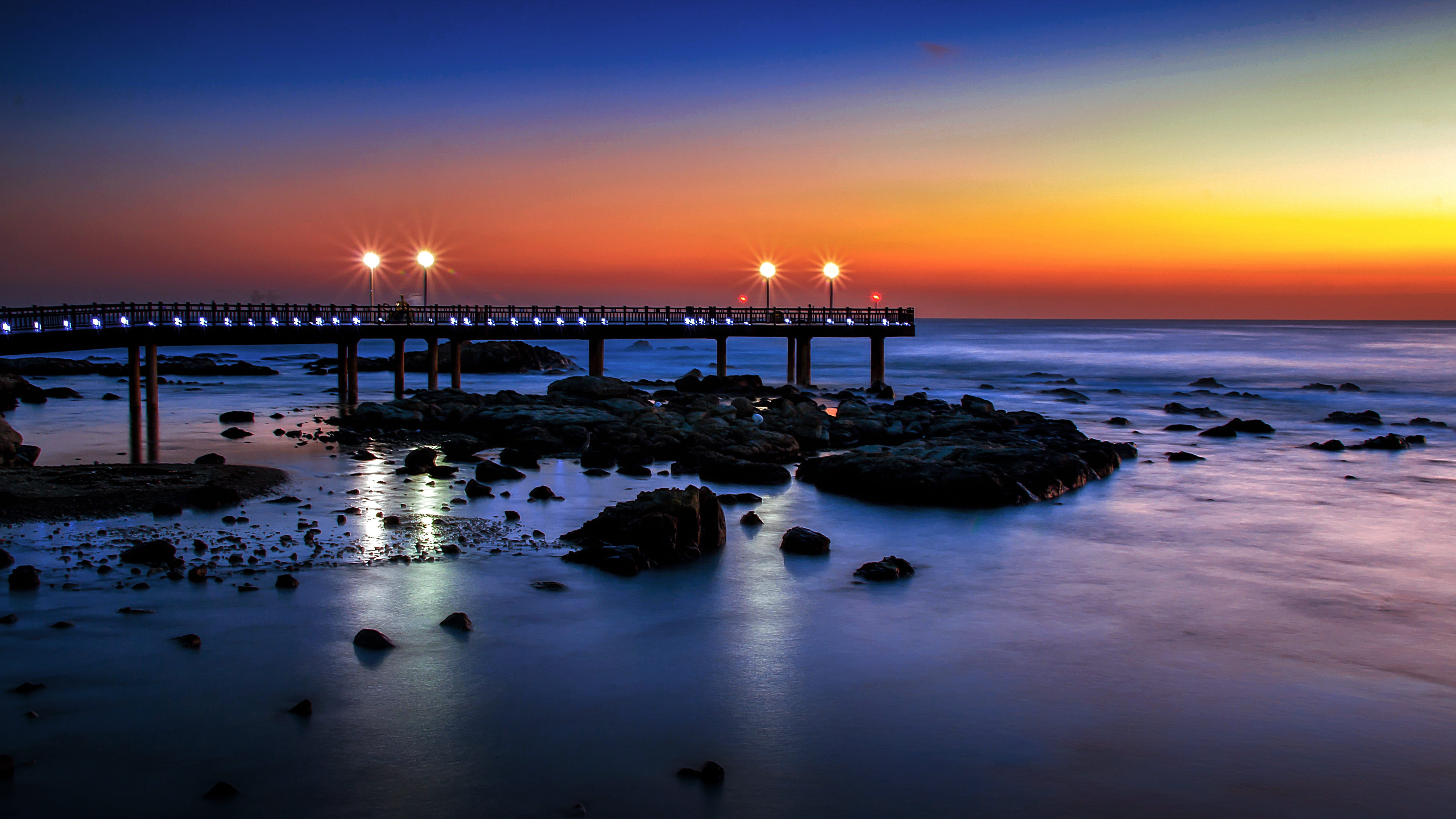 building exterior, sky, formation, travel destinations, horizontal plane, evening, sunrise, pohang, lights, beauty in nature, sea, no people, panoramic, HD Wallpaper