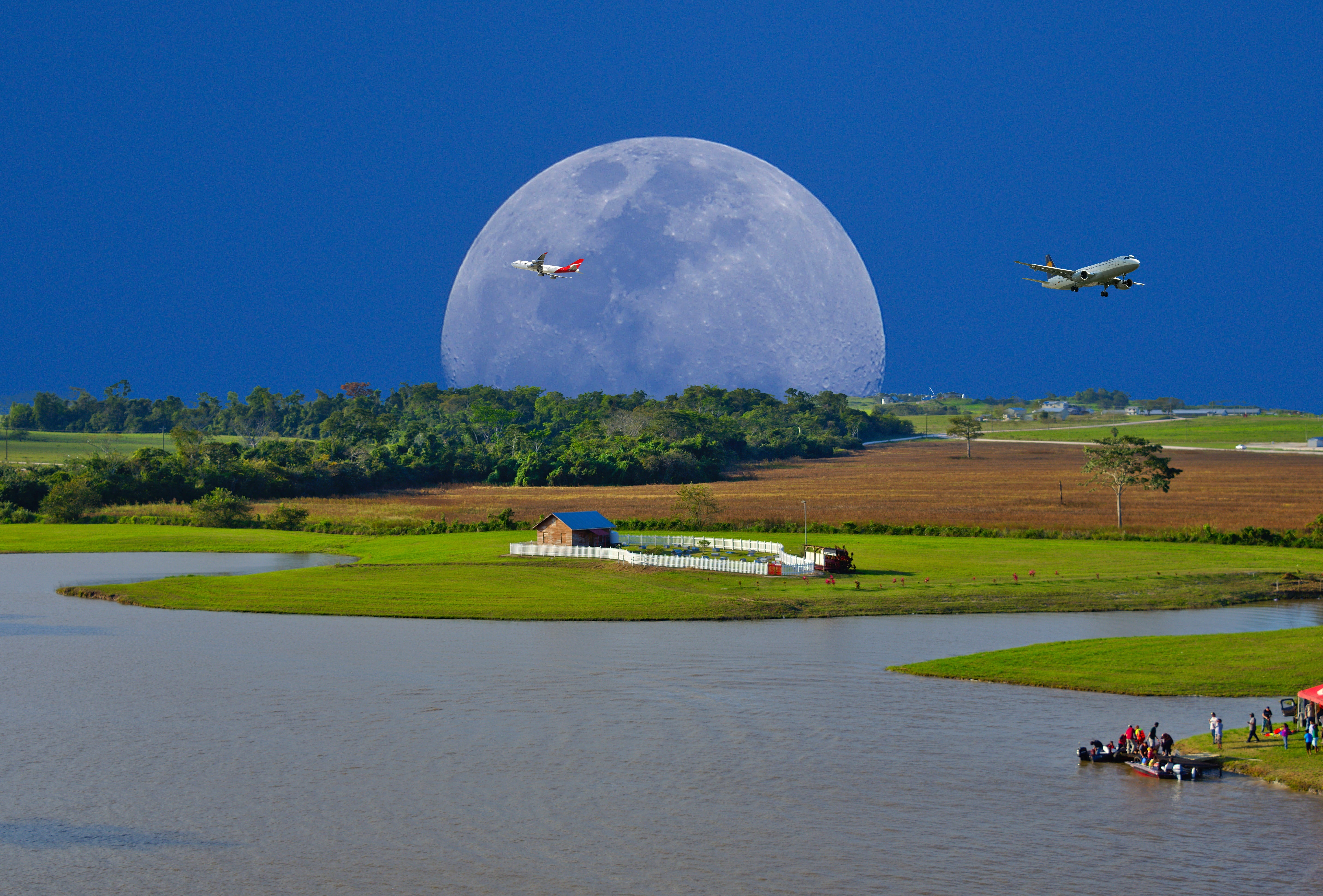 sky, building exterior, grass, spanish lookout, surreal, flying, 5K, land, panoramic, blue, farmland, belize, plant, countryside, travel destinations, HD Wallpaper