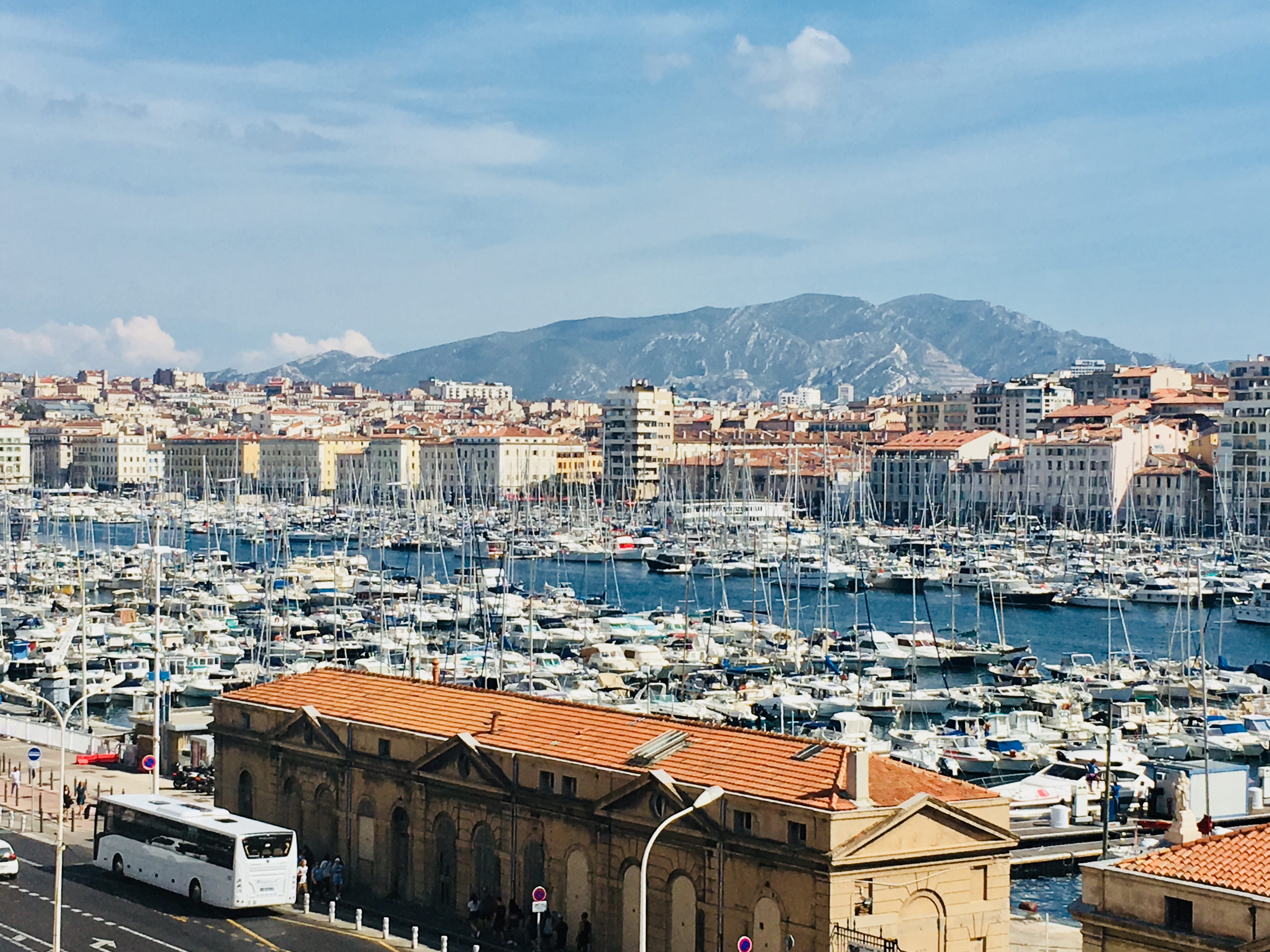 bus, harbor, moored, cloud - sky, boats, nature, dock, marseille, 2K, marina, mode of transportation, daytime, built structure, port, architecture, france, HD Wallpaper