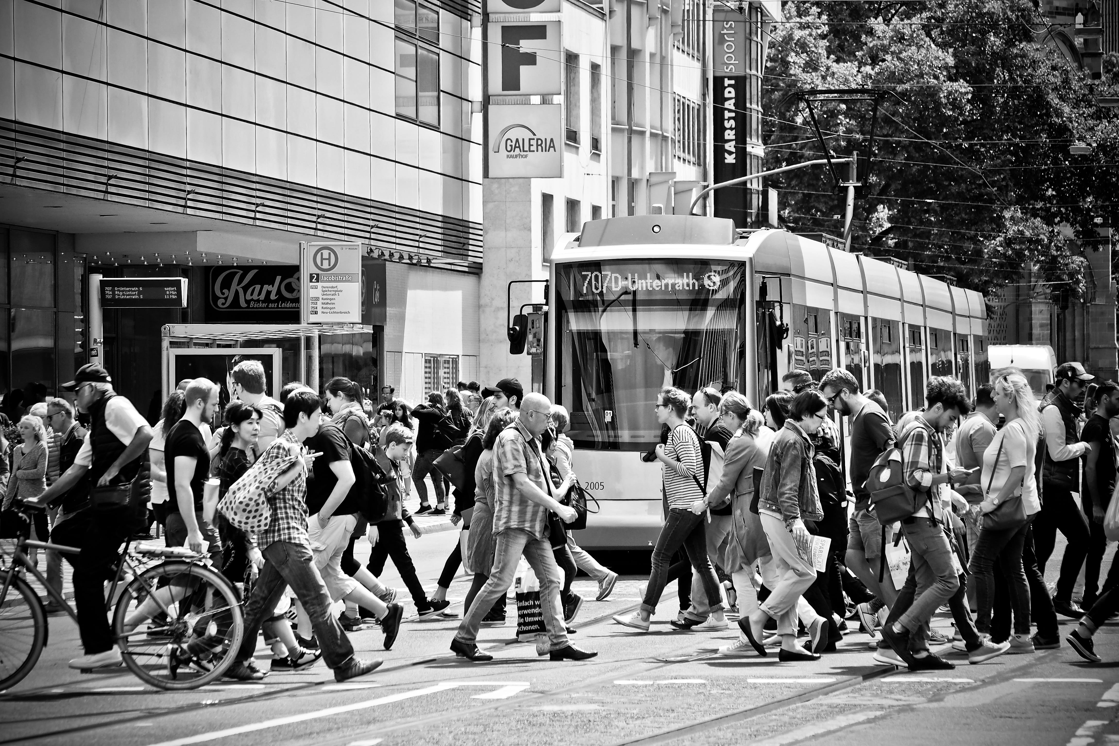 human, group of people, 4K, leisure activity, scene, city life, lifestyles, rail, building exterior, grayscale, street, day, architecture, street photography, HD Wallpaper