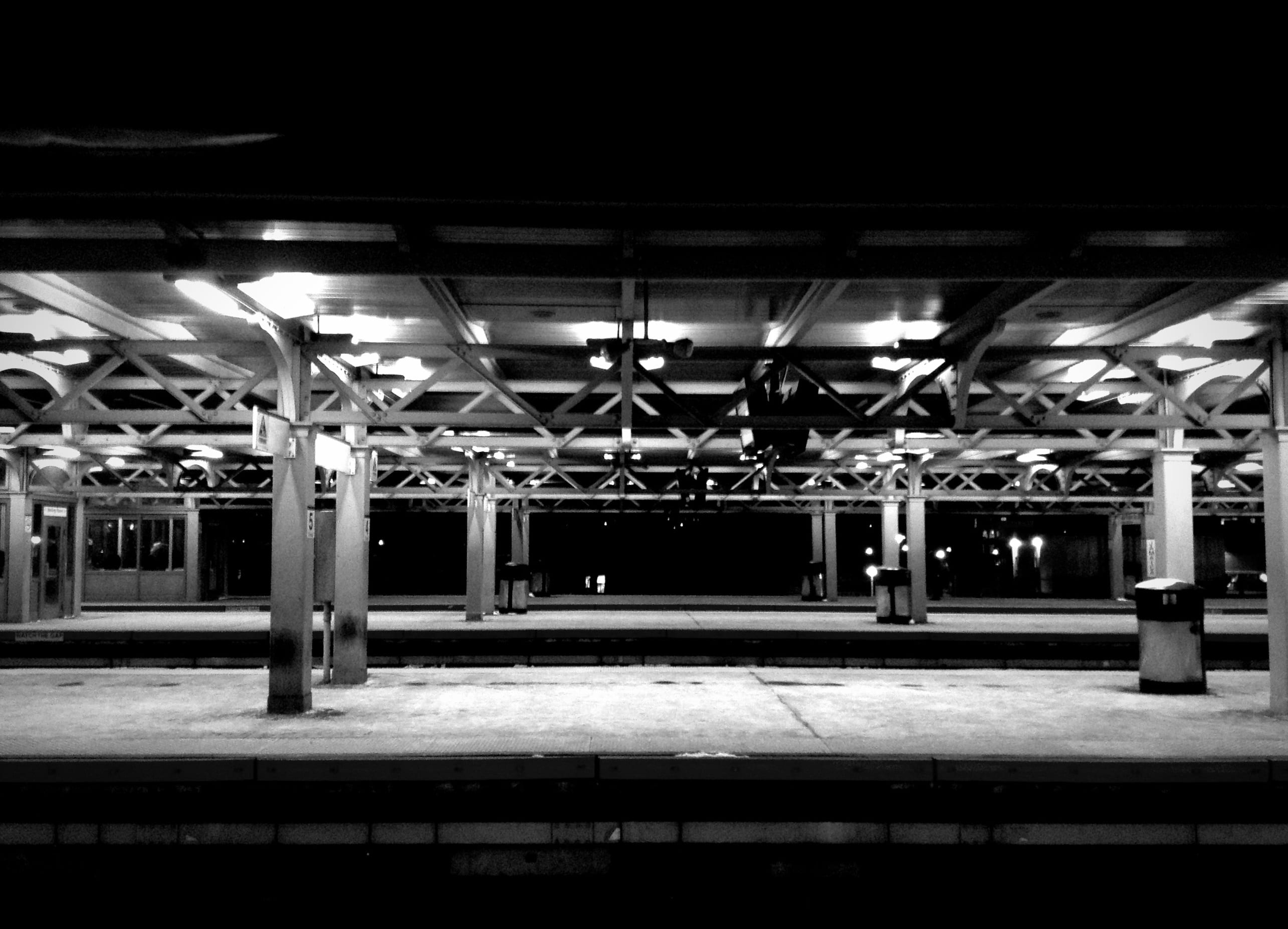 built structure, urban, architectural column, light, illuminated, railroad station, absence, 2K, train, empty, train - vehicle, black and white, parking garage, HD Wallpaper