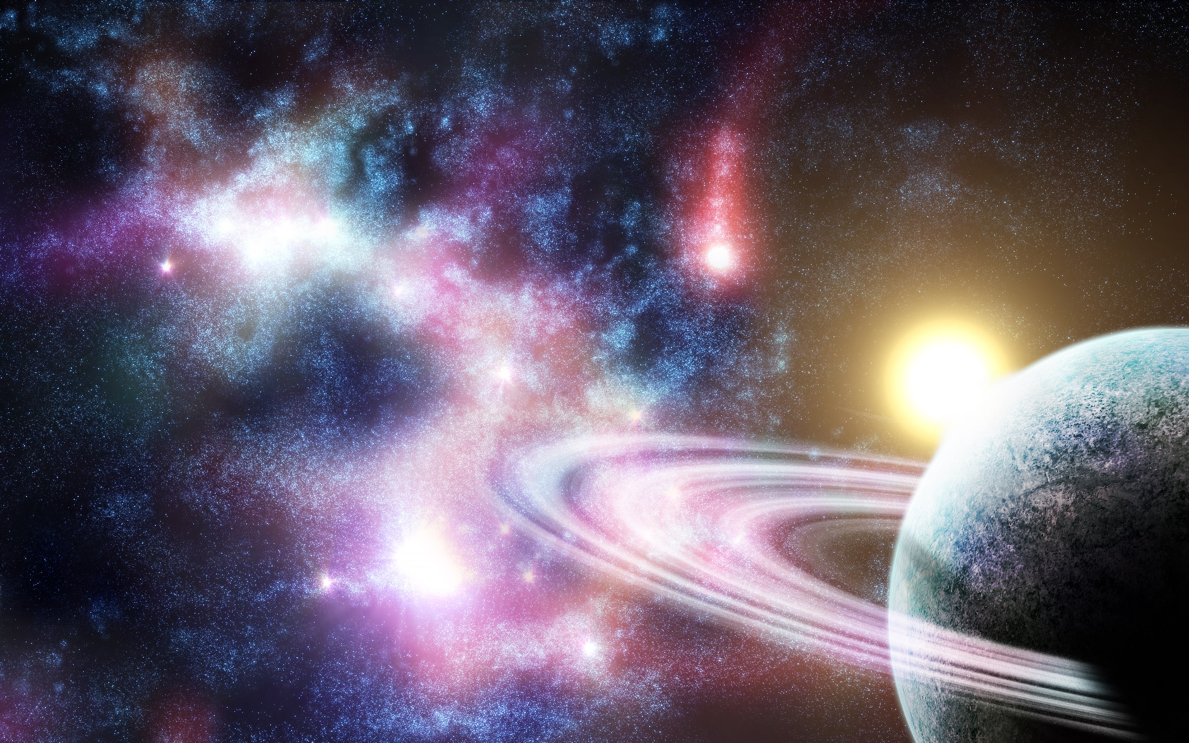 fantasy, no people, purple, light - natural phenomenon, galaxy, bright, multi colored, 4K, digitalillustration, night, black, solarsystem, planet earth, HD Wallpaper