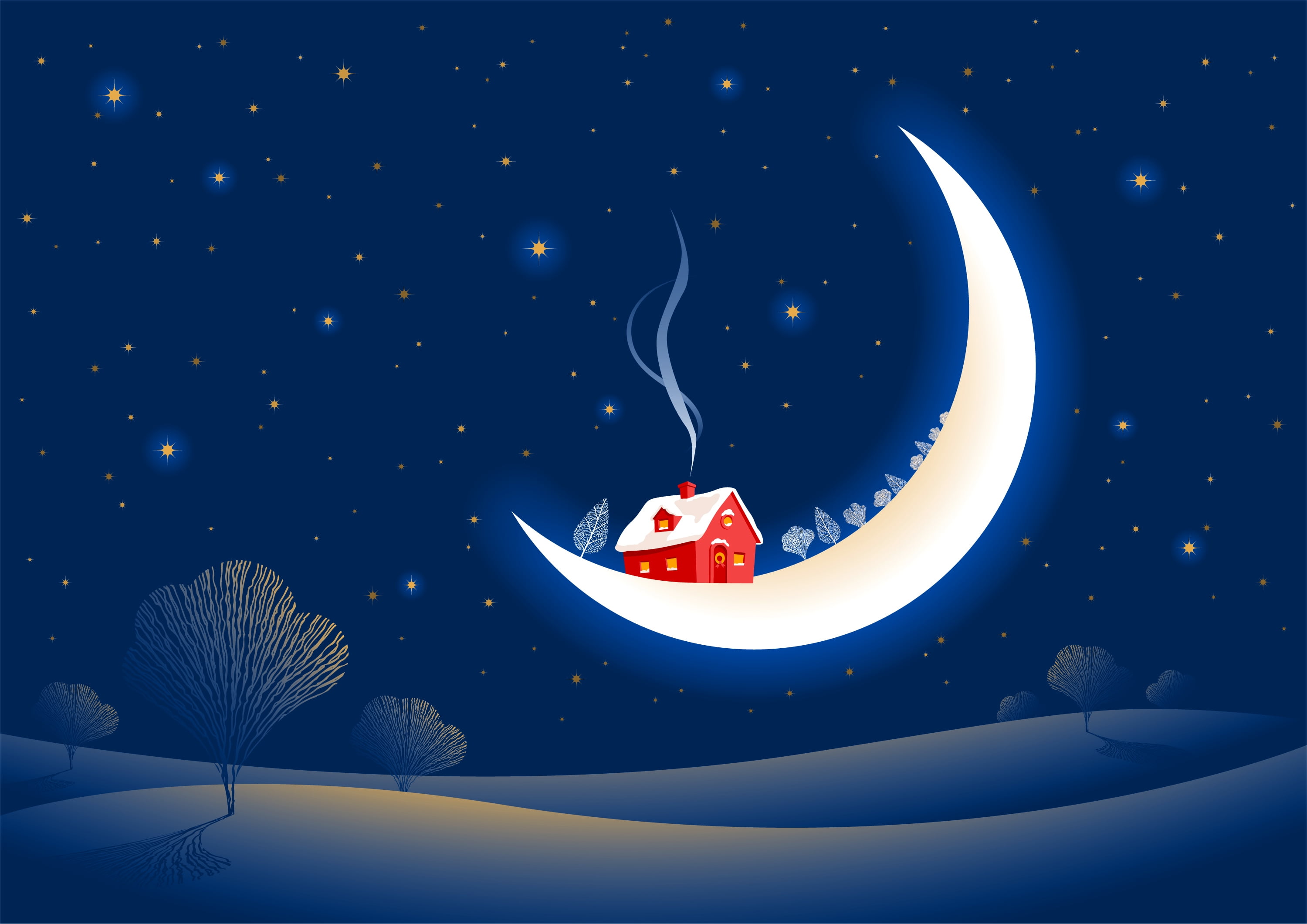 computer Graphic, month, illuminated, blue, backgrounds, sky, red, house, digital, 2K, star Shape, no people, tree, snow, decoration, christmas, HD Wallpaper