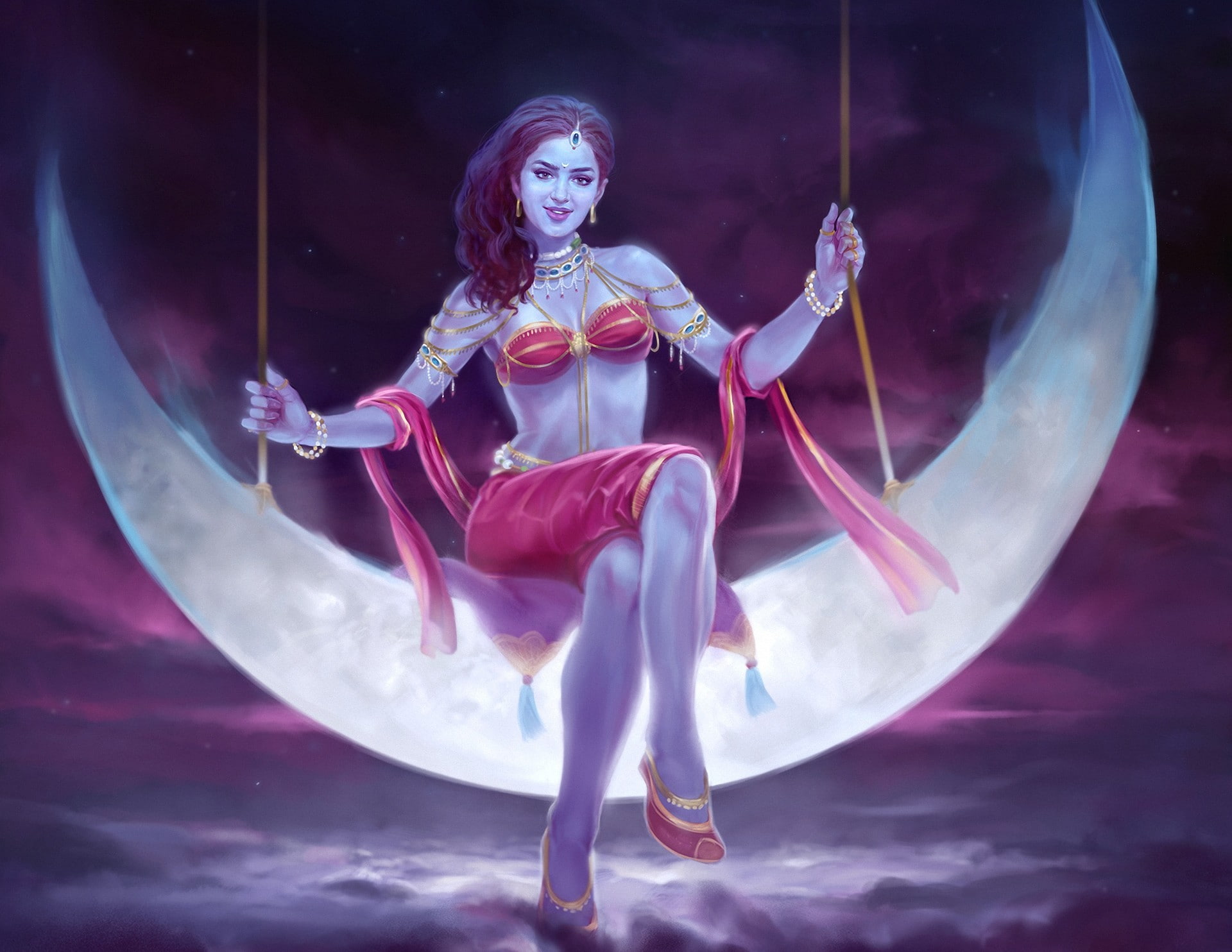 Indian, 1080P, decoration, girl, a month, art, clouds, sitting, HD Wallpaper