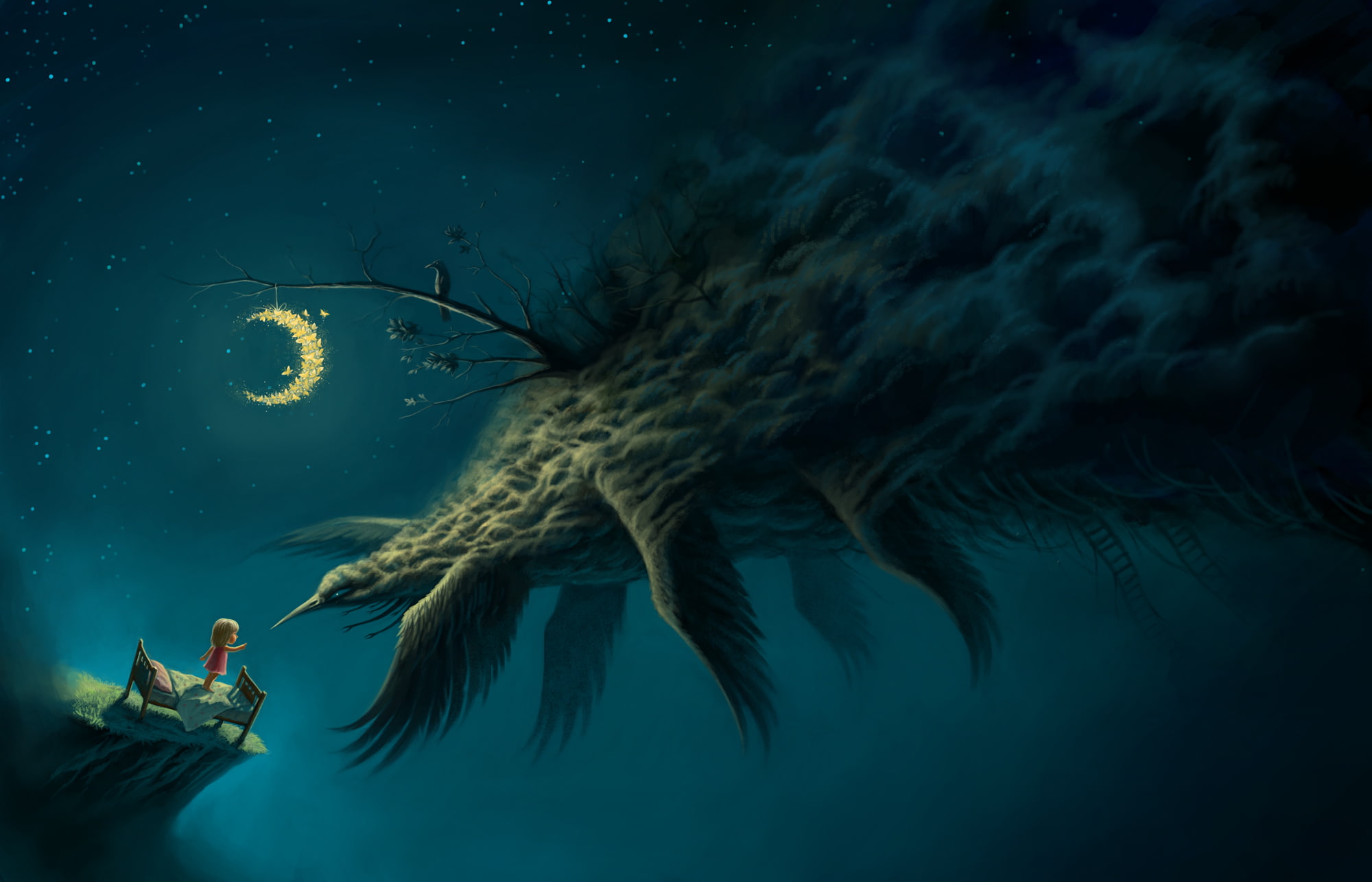 bed, month, stairs, moths, art, girl, monster, raven, night, bird, 1080P, wings, HD Wallpaper