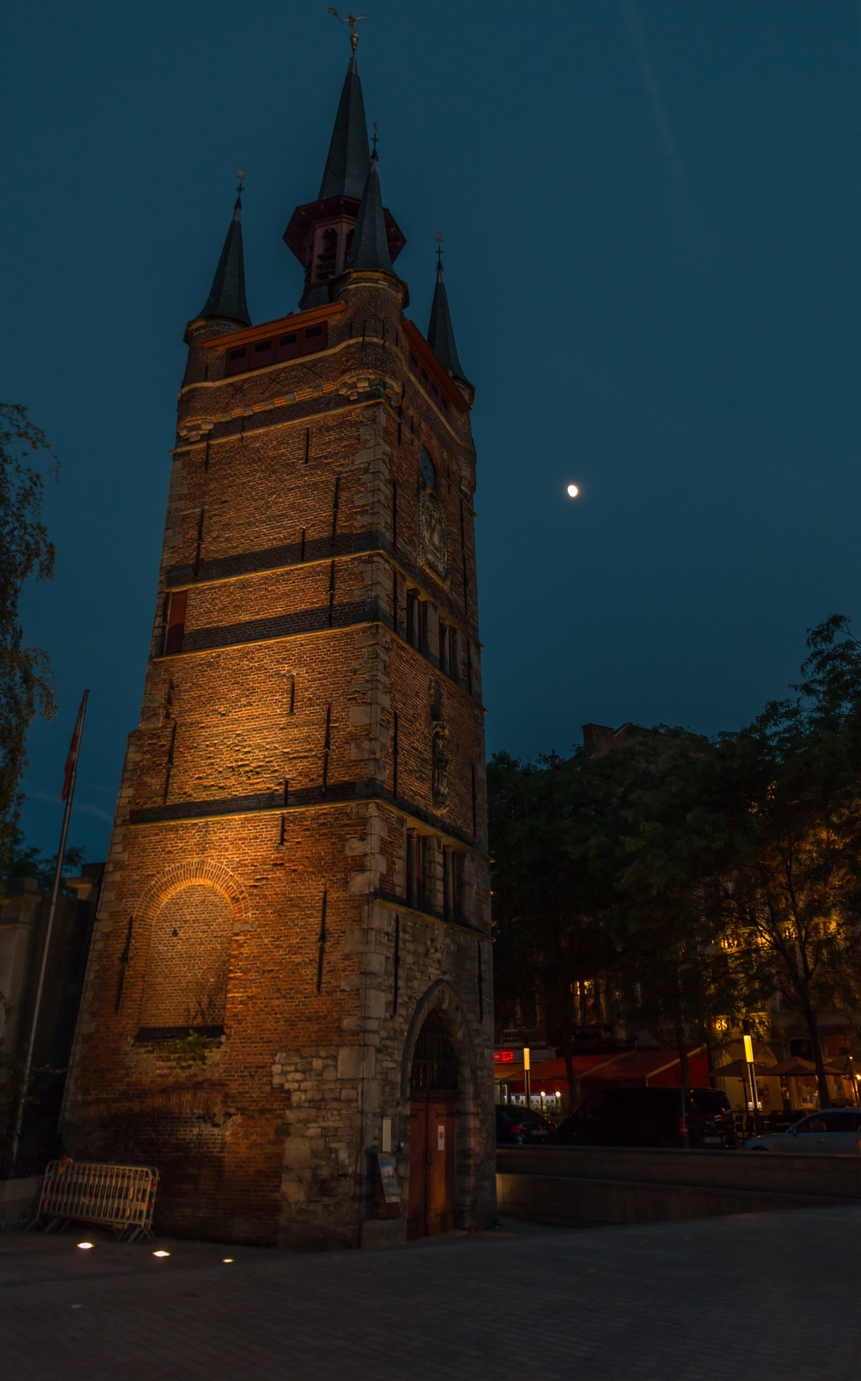 spire, built structure, belgium, kortrijk belgium, the past, astronomy, full moon, spirituality, sky, architecture, dusk, no people, illuminated, 5K, nature, Phone HD Wallpaper