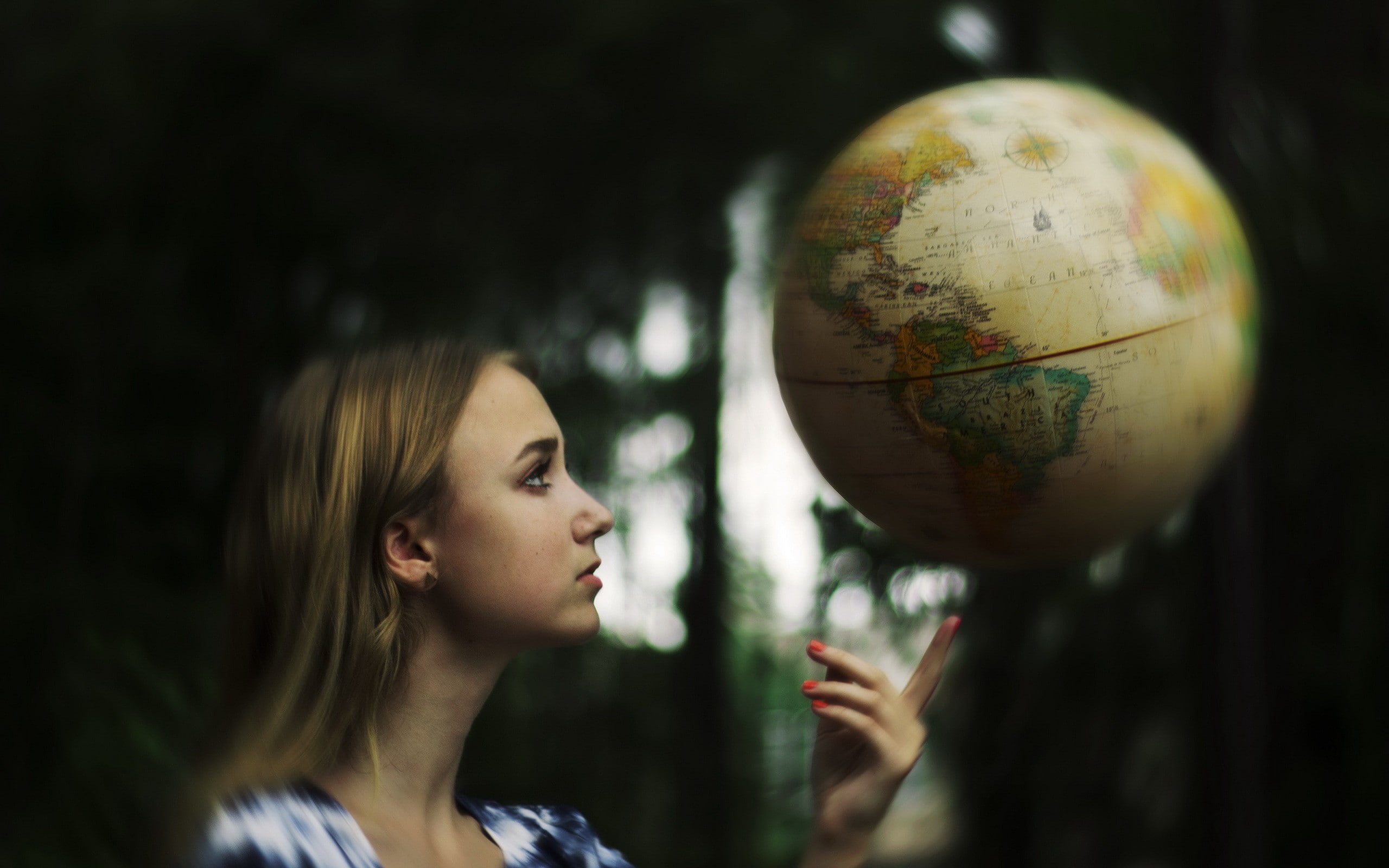 young women, sphere, women, outdoors, young adult, blond hair, contemplation, hair, beautiful woman, headshot, looking, adult, model, globes, reflection, HD Wallpaper