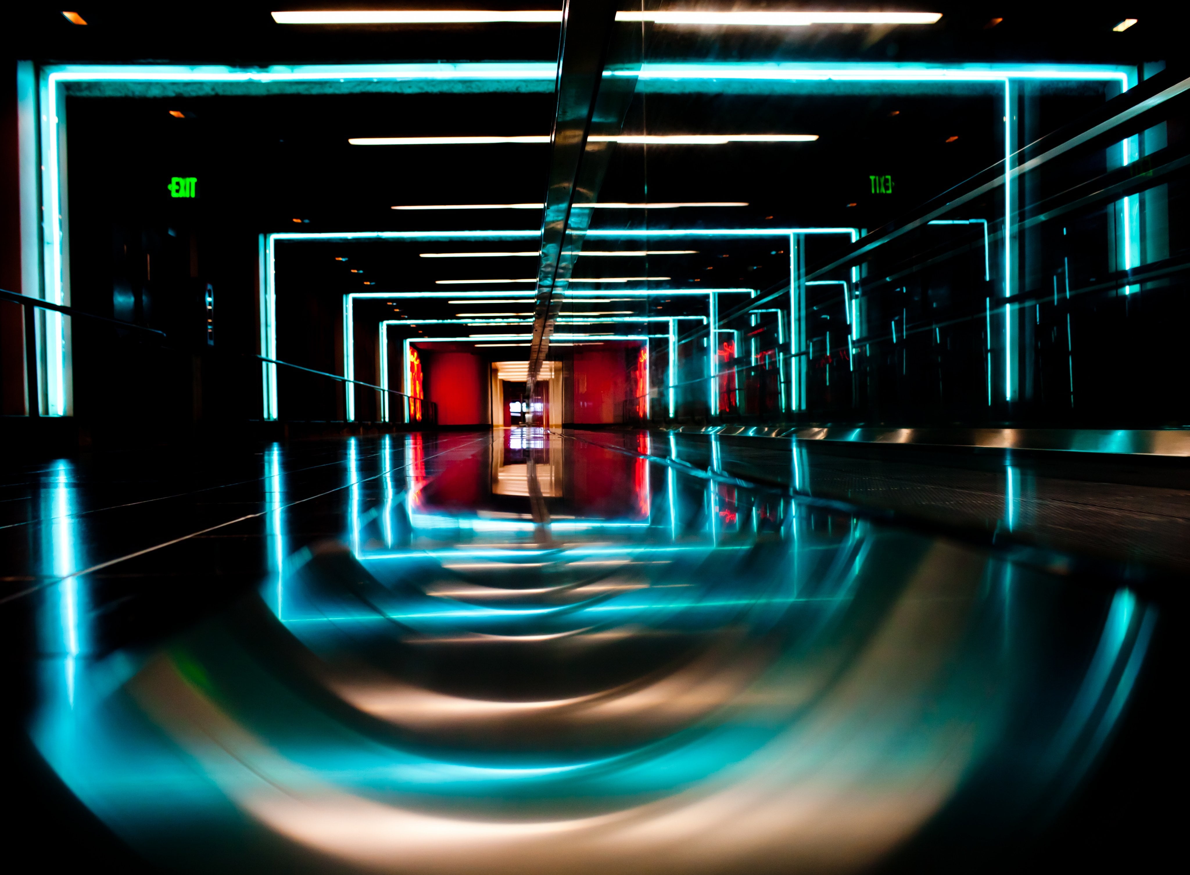 ceiling, flooring, no people, pattern, led, architecture, teal, reflection, glass - material, illuminated, built structure, lighting equipment, indoors, HD Wallpaper