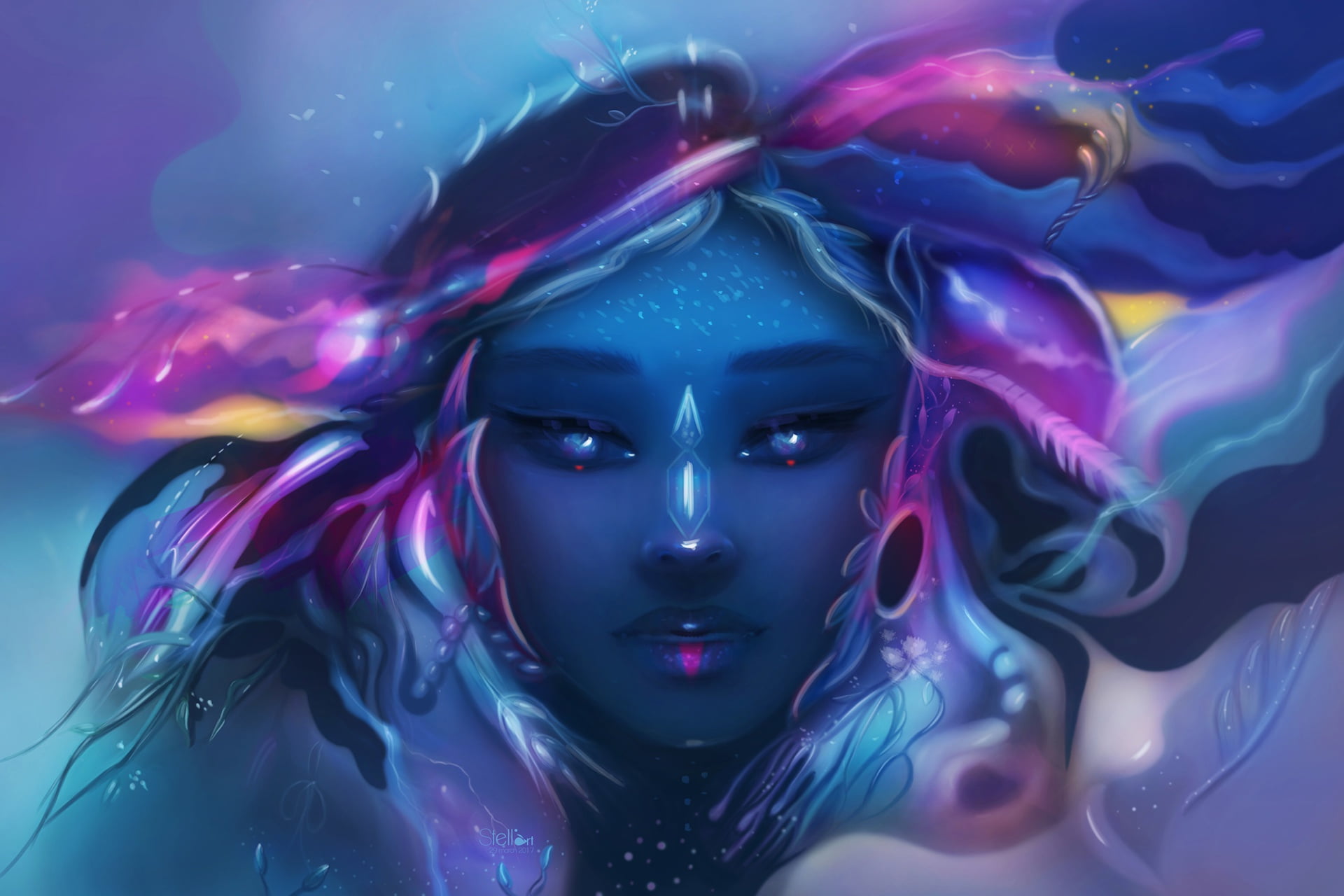 woman, twinkling lights, girl, 1080P, portrait, magic, surreal, mystic, colors, creative, conceptual, sorceress, face, неземная красота, Indian, заклинательница духов, HD Wallpaper