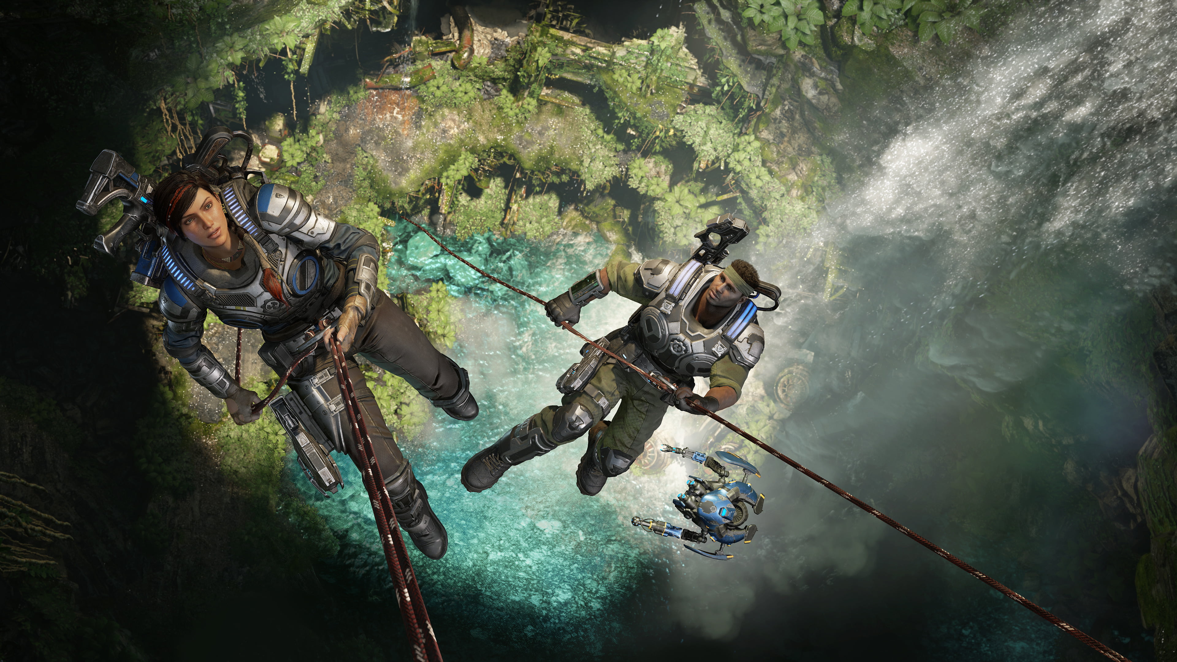 sport, sports helmet, helmet, 2018 games, games, sports equipment, headwear, people, tree, activity, two people, water, 4k, safety harness, gears of war 5, HD Wallpaper