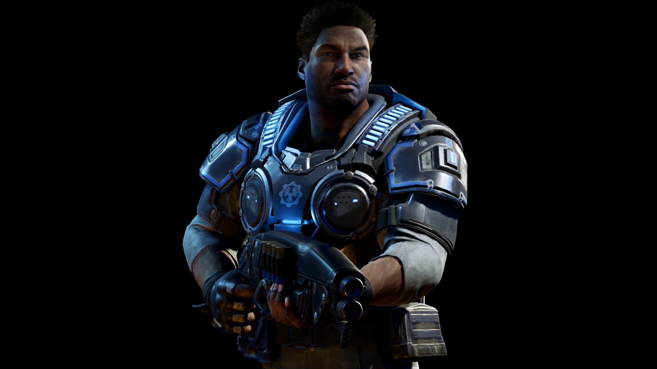 portrait, mid adult, weapon, holding, 2K, young men, one person, studio shot, cut out, front view, looking at camera, Gears of War 4, waist up, indoors, HD Wallpaper