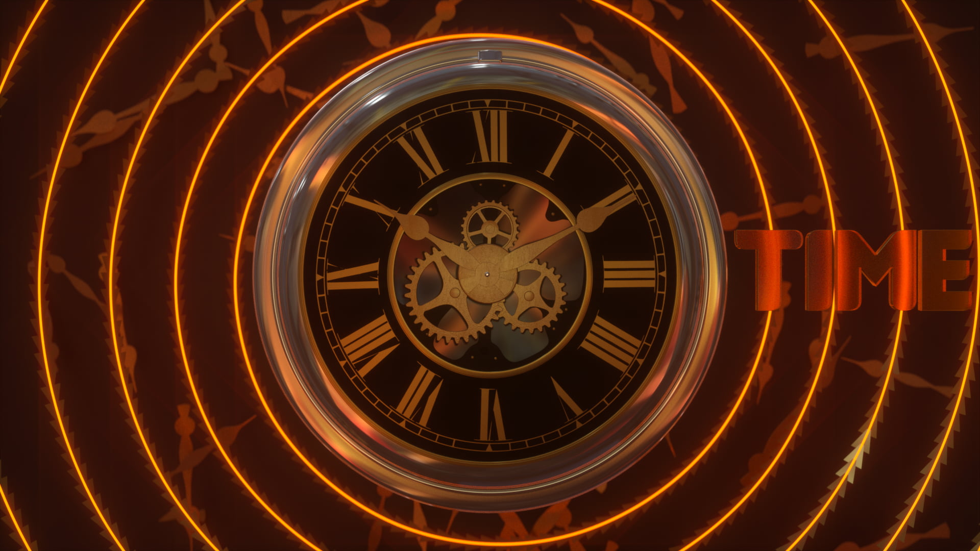 gears, arrows (design), glowing, clocks, time, 1080P, digital art, spiral, neon glow, clockwork, orange, neon, mechanics, HD Wallpaper