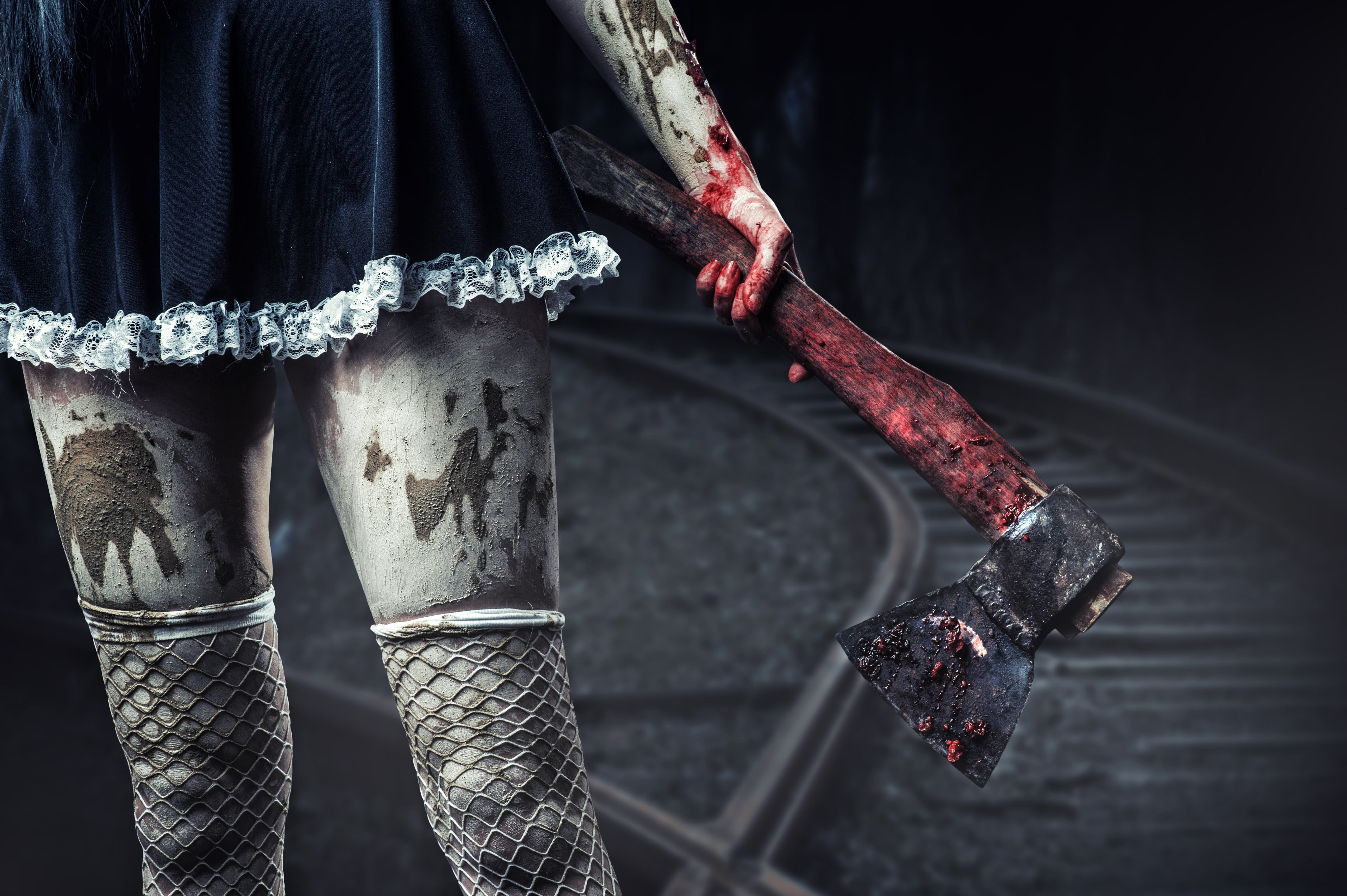 blood, outdoors, the fishnets, standing, one person, textile, metal, axe, Gothic, with an axe, rope, holding, legs, person, focus on foreground, day, red, HD Wallpaper