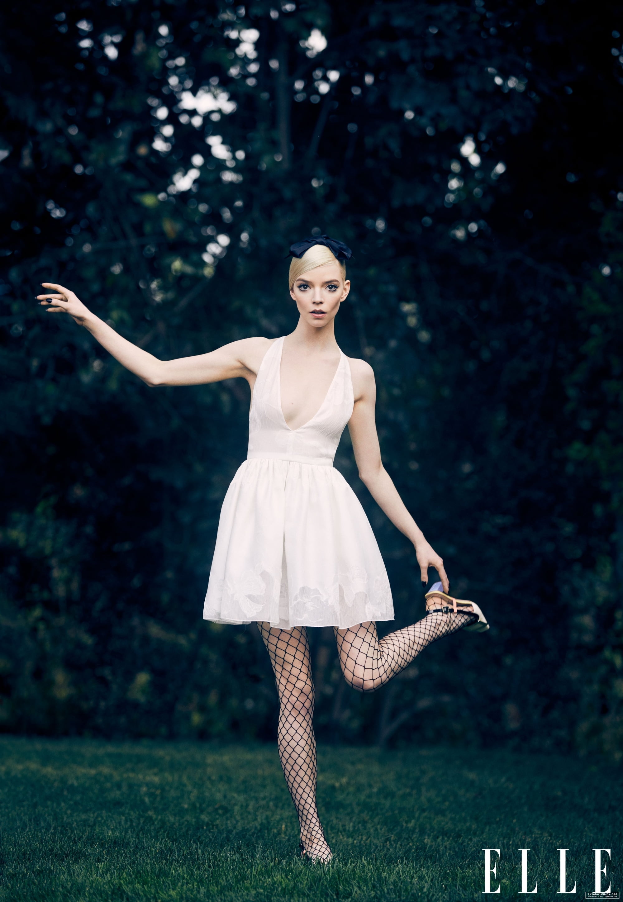 women, outdoors, blonde, long hair, white dress, fishnet stockings, Anya Taylor-Joy, actress, women outdoors, leg up, 2K, Phone HD Wallpaper