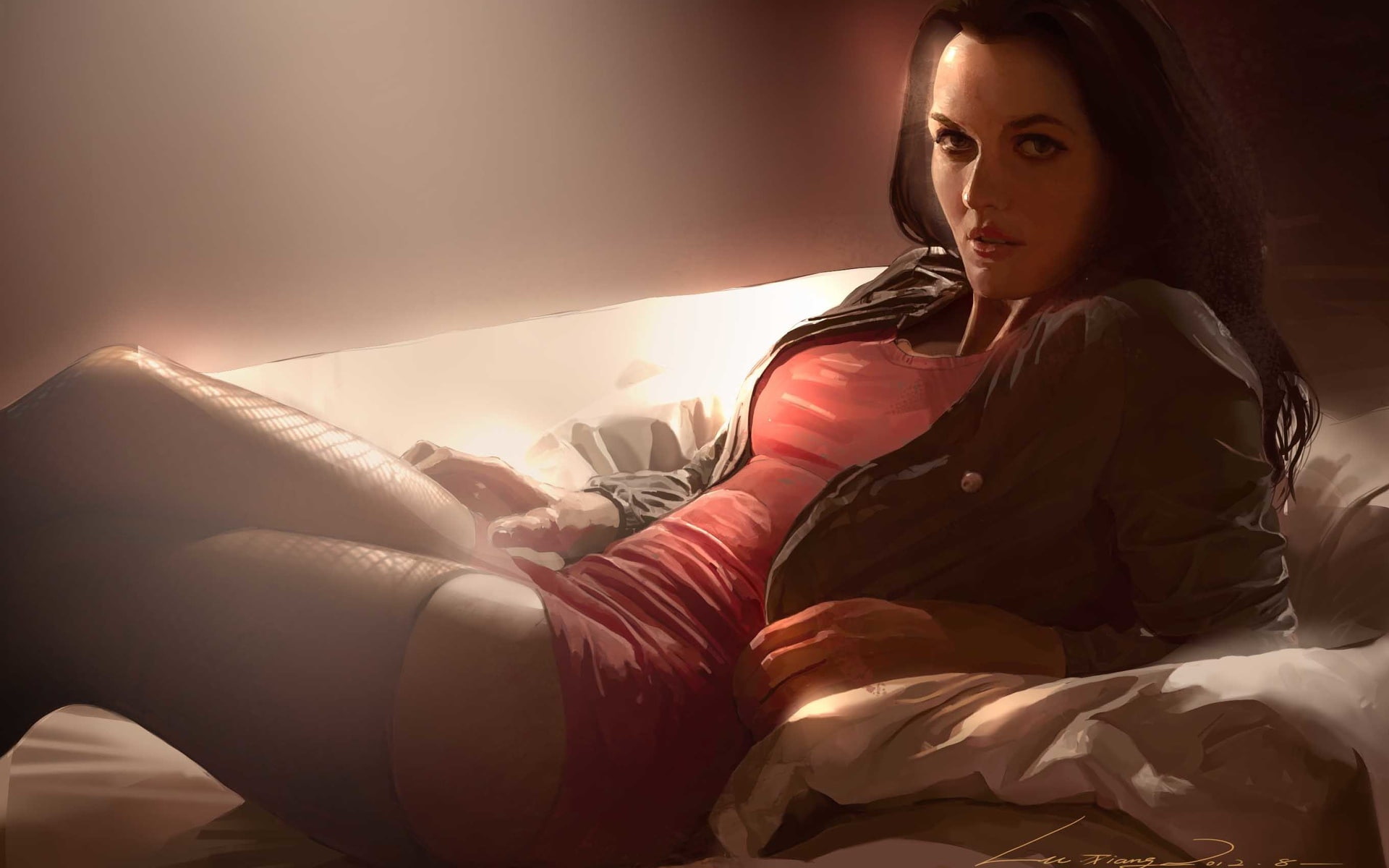 red dress, the fishnets, lying on the bed, jacket, Lu Tiang, art, 1080P, look, woman, flirting, brunette, HD Wallpaper