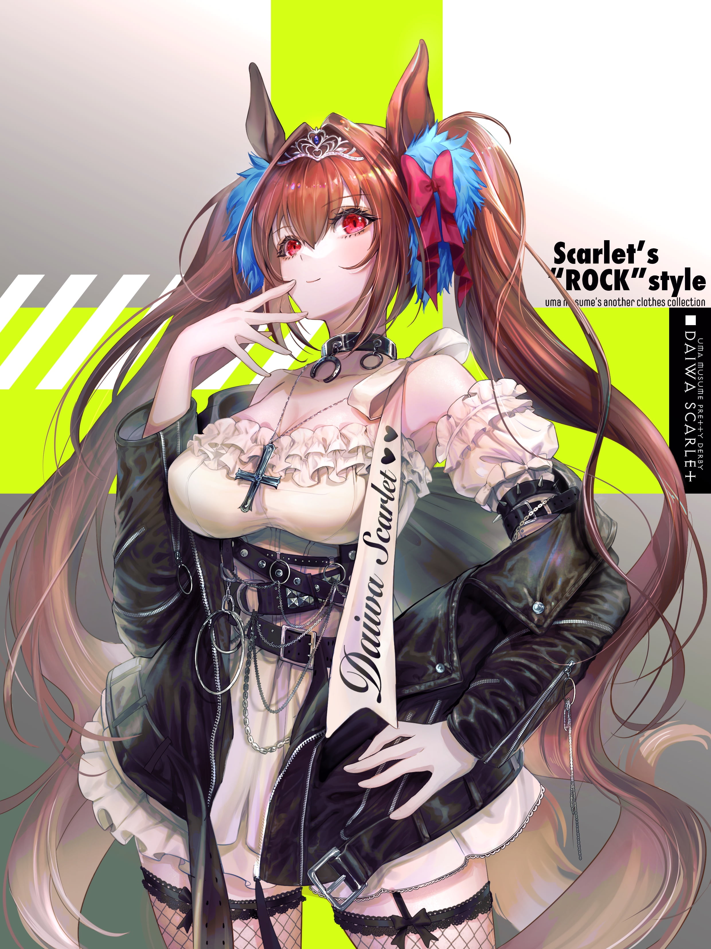 cleavage, twintails, bangs, tiaras, black jackets, 2D, looking at viewer, artwork, bare shoulders, thighs, anime, collar, alternate outfit, no bra, Uma Musume Pretty Derby, Phone HD Wallpaper