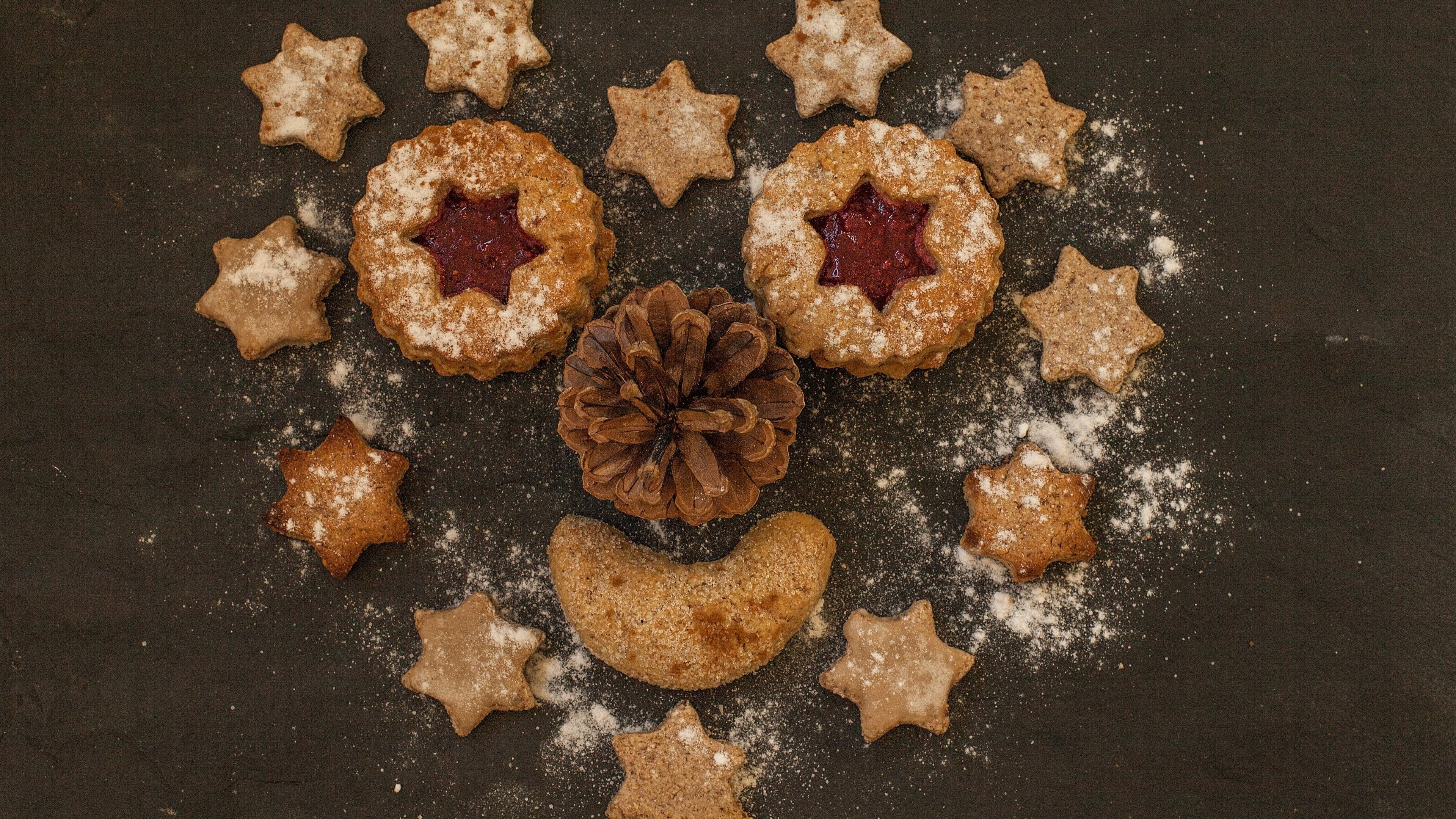 still life, ready-to-eat, high angle view, cookies, baked, sugar powder, table, cookie, directly above, sweet, freshness, star shape, temptation, dessert, HD Wallpaper