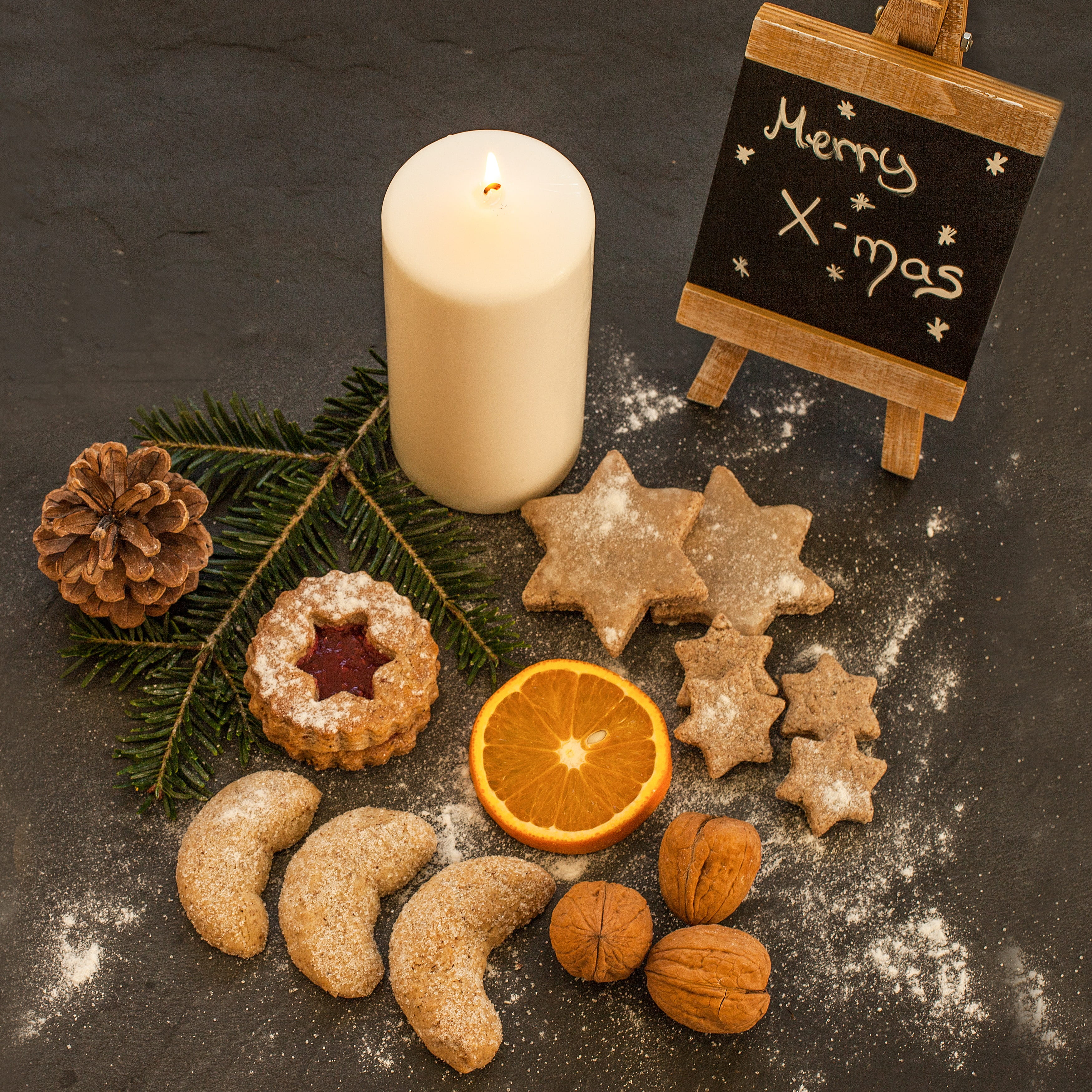 christmas plate, shape, nuts, confectionery products, near, candle, star, icing sugar, vitamin c, decoration, chalk, no people, food and drink, freshness, Phone HD Wallpaper
