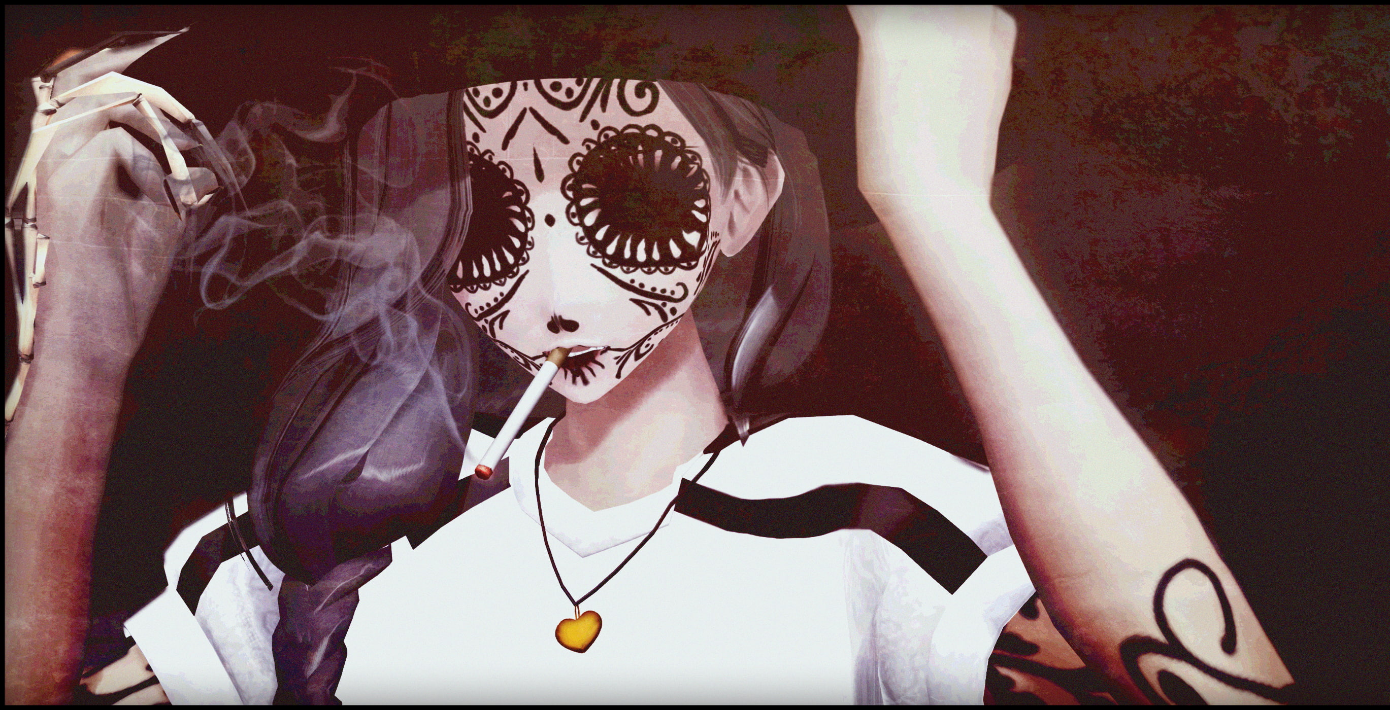 sun hats, long hair, 2K, smoking, digital art, necklace, Sugar Skull, tattoo, long nails, HD Wallpaper