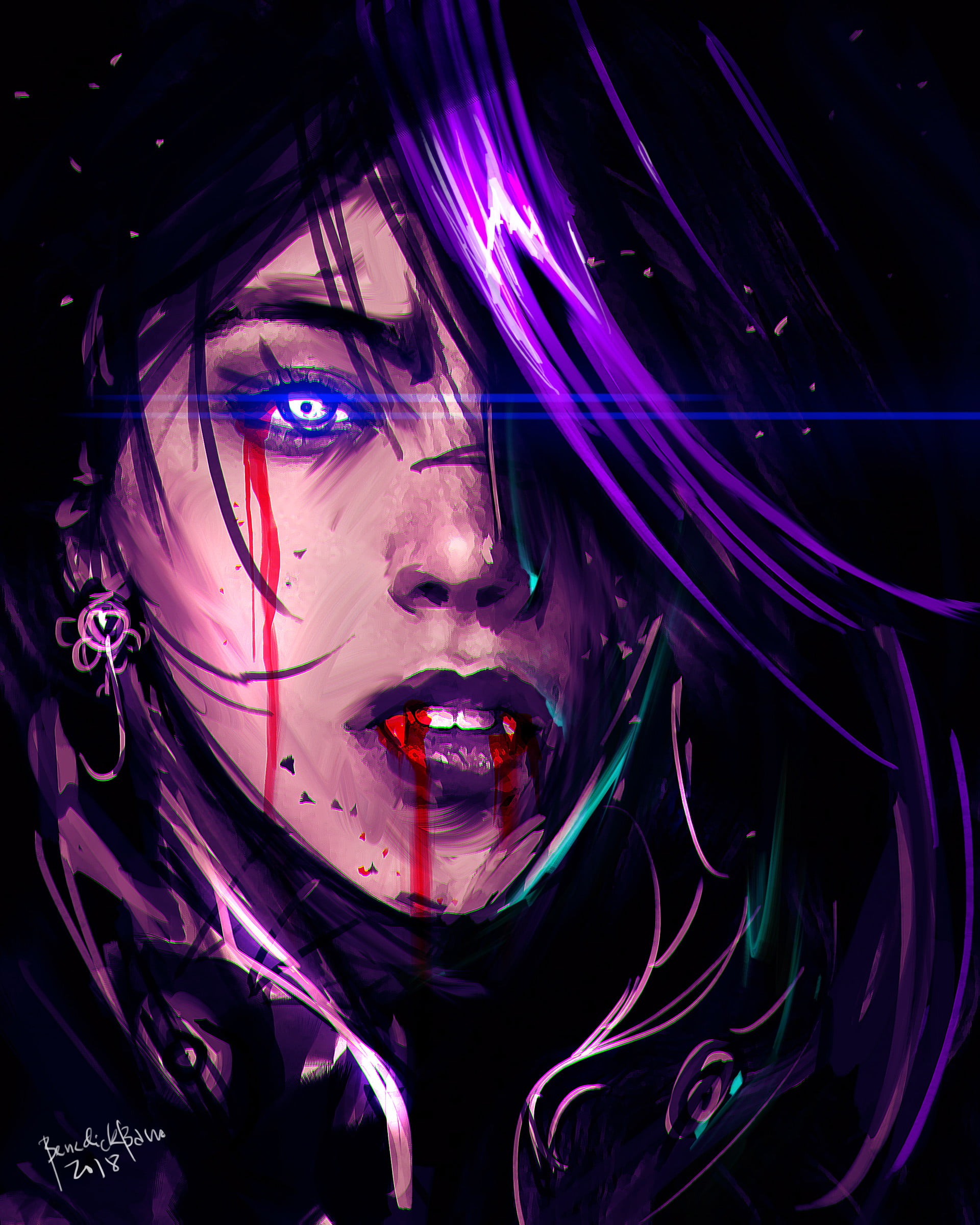purple hair, artwork, digital art, vampires, vertical, drawing, original characters, 1080P, Phone HD Wallpaper