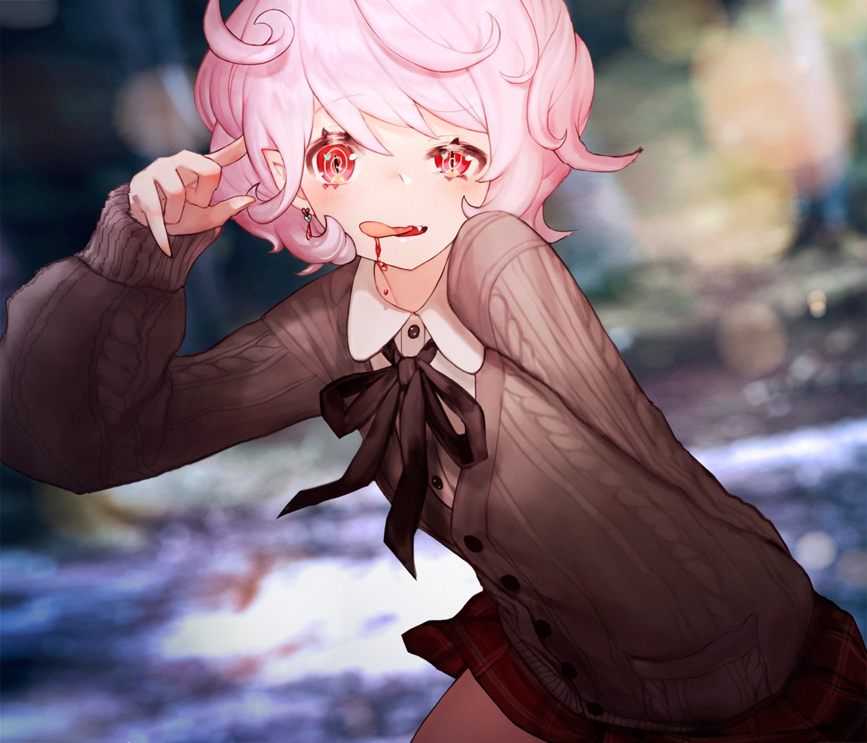 Red Eyes, Blood, 720P, Original, Vampire, Anime, Pink Hair, Fangs, School Uniform, HD Wallpaper