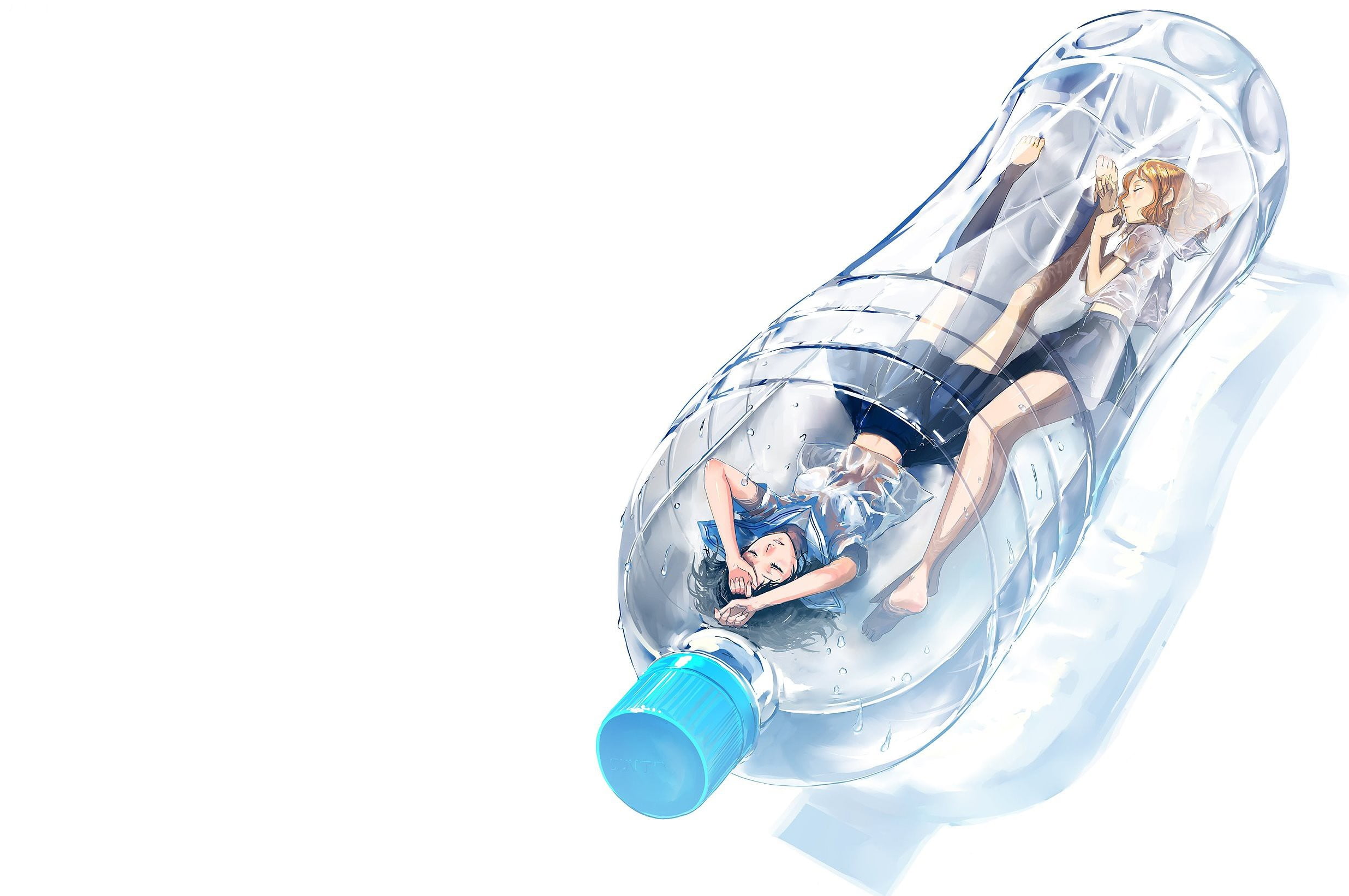 copy space, white background, males, real people, women, technology, adult, anime girls, indoors, original characters, bottles, artwork, anime, people, HD Wallpaper