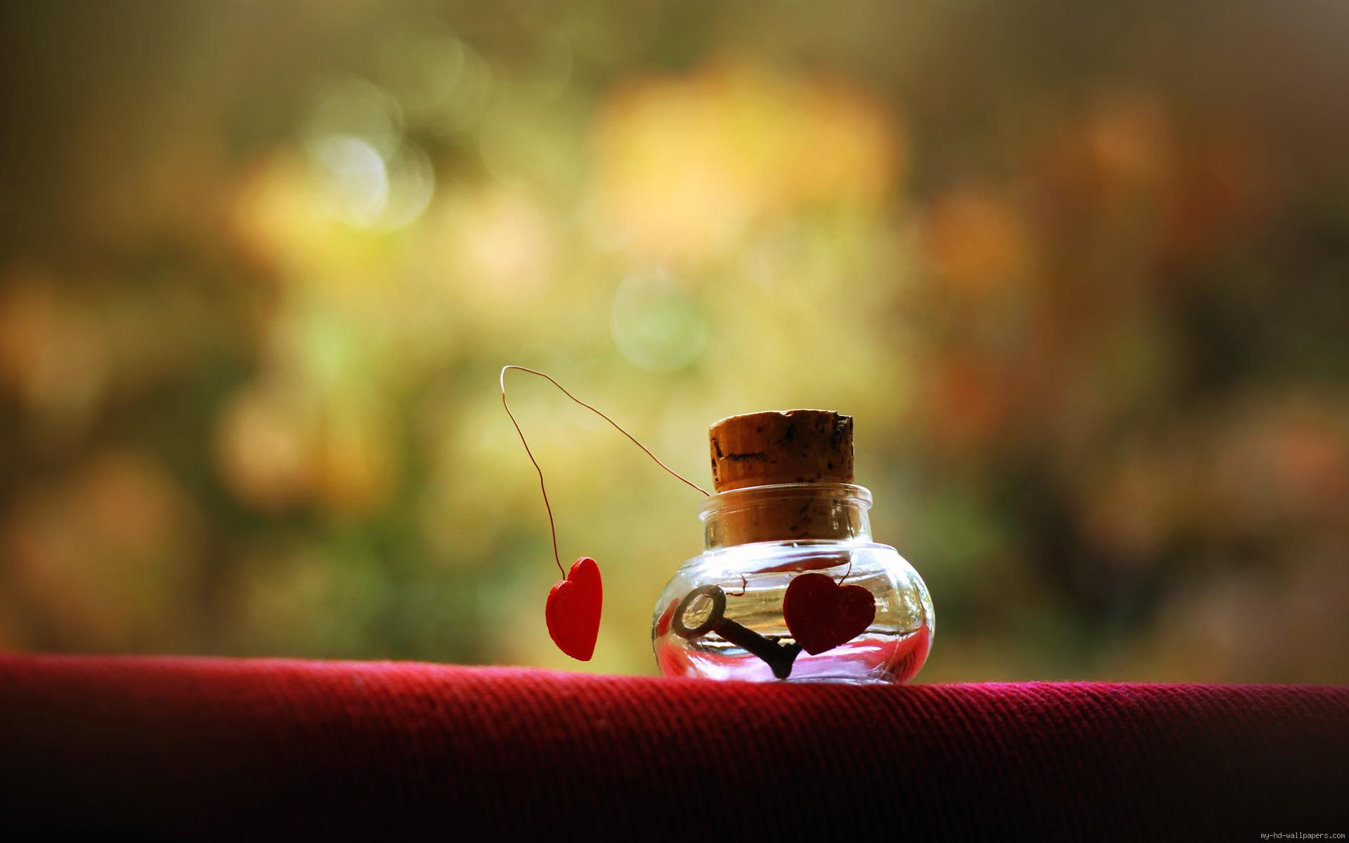 glass, key, love, cork, bottle, clear, jar, heart, 1080P, HD Wallpaper